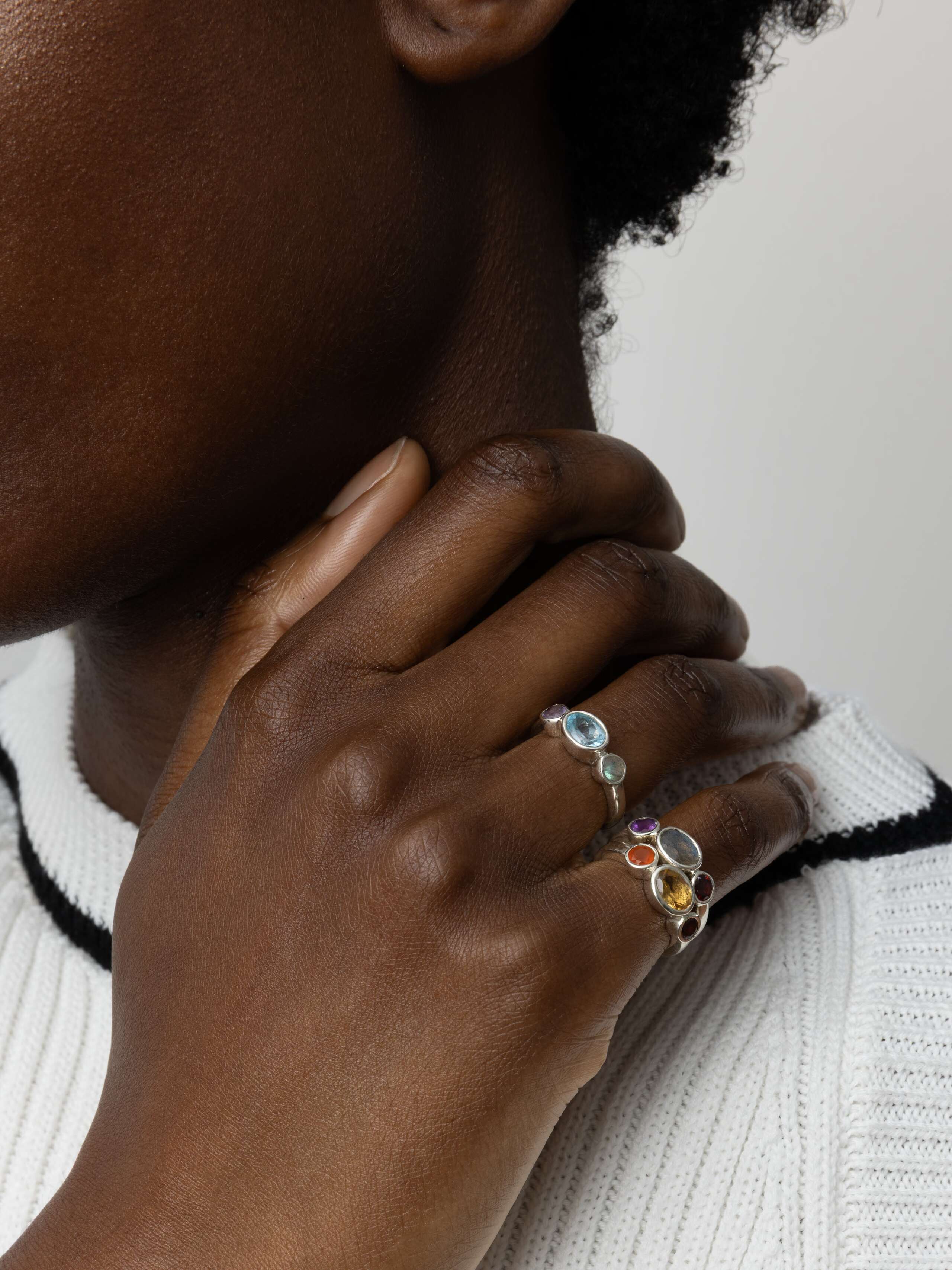 Product Shot of Triple Stone Ring (S) in Silver on Model 