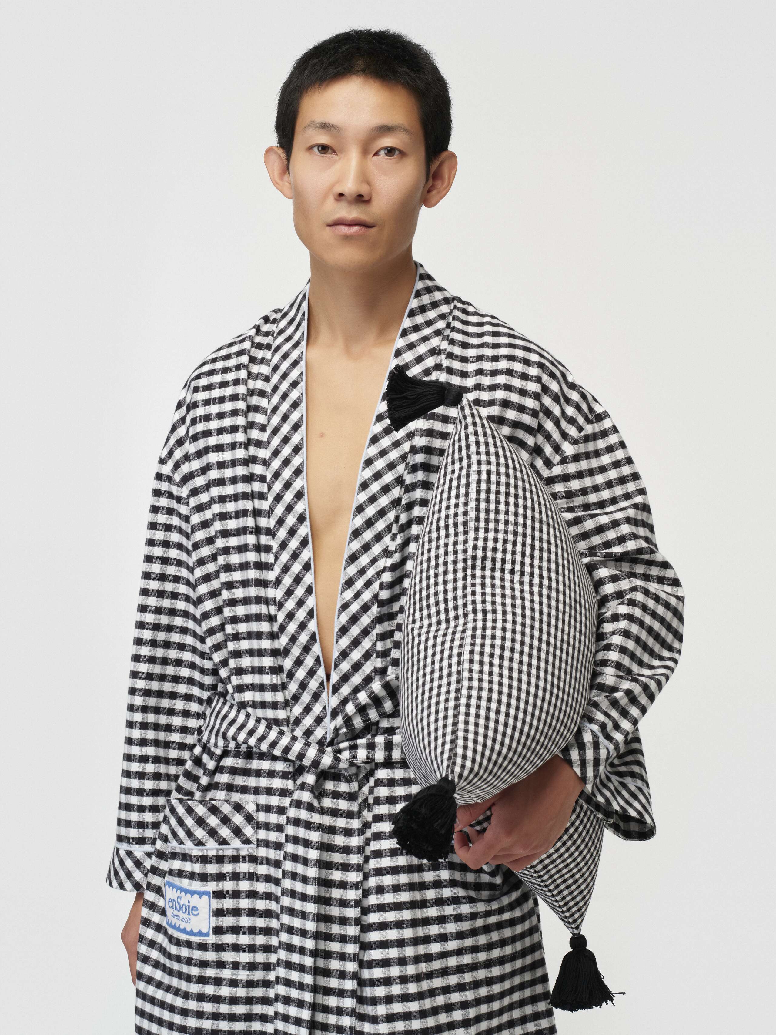 Model Wearing New Hugh Robe in Black 