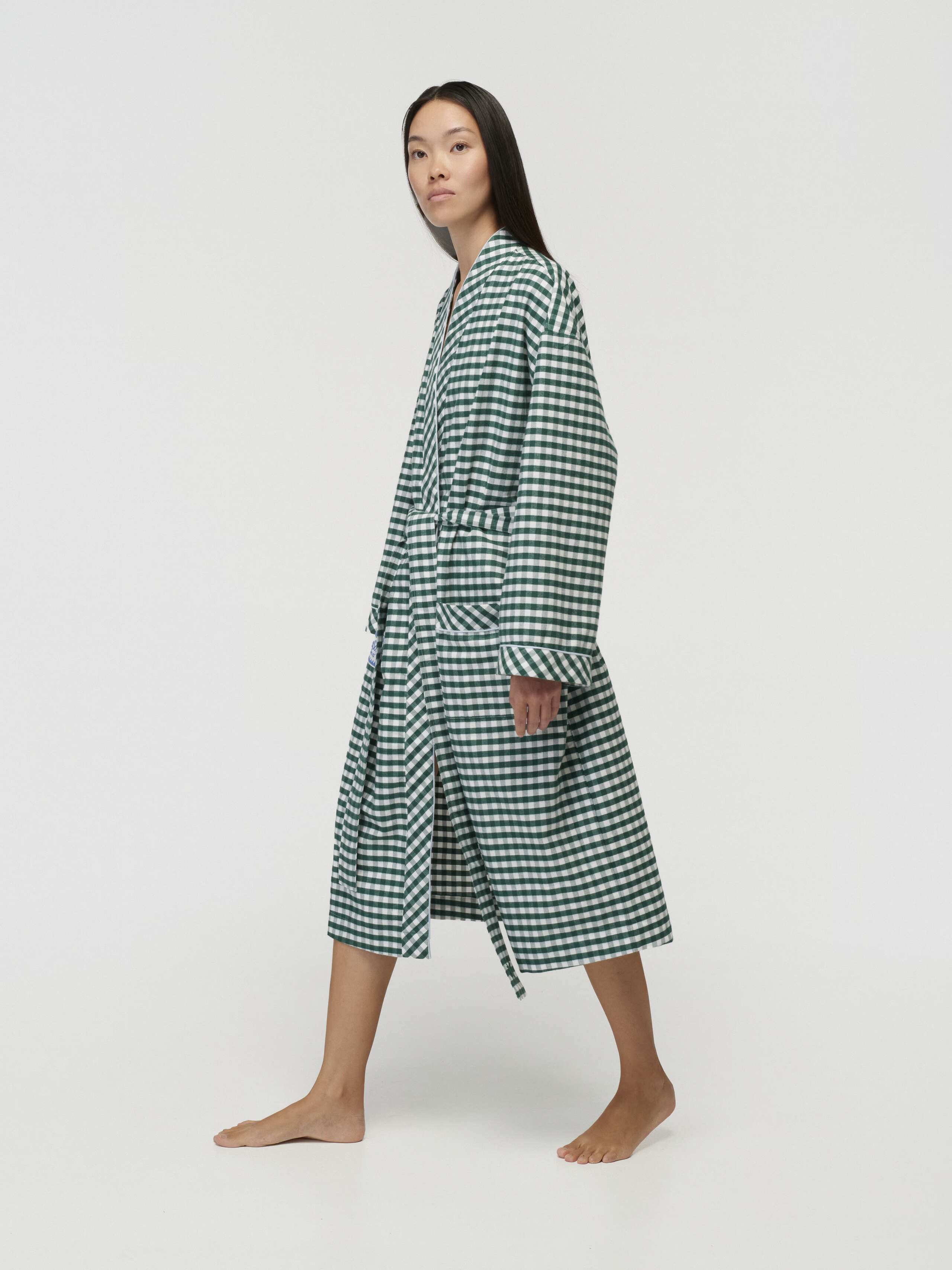 Model Wearing New Hugh Robe in Linden Green