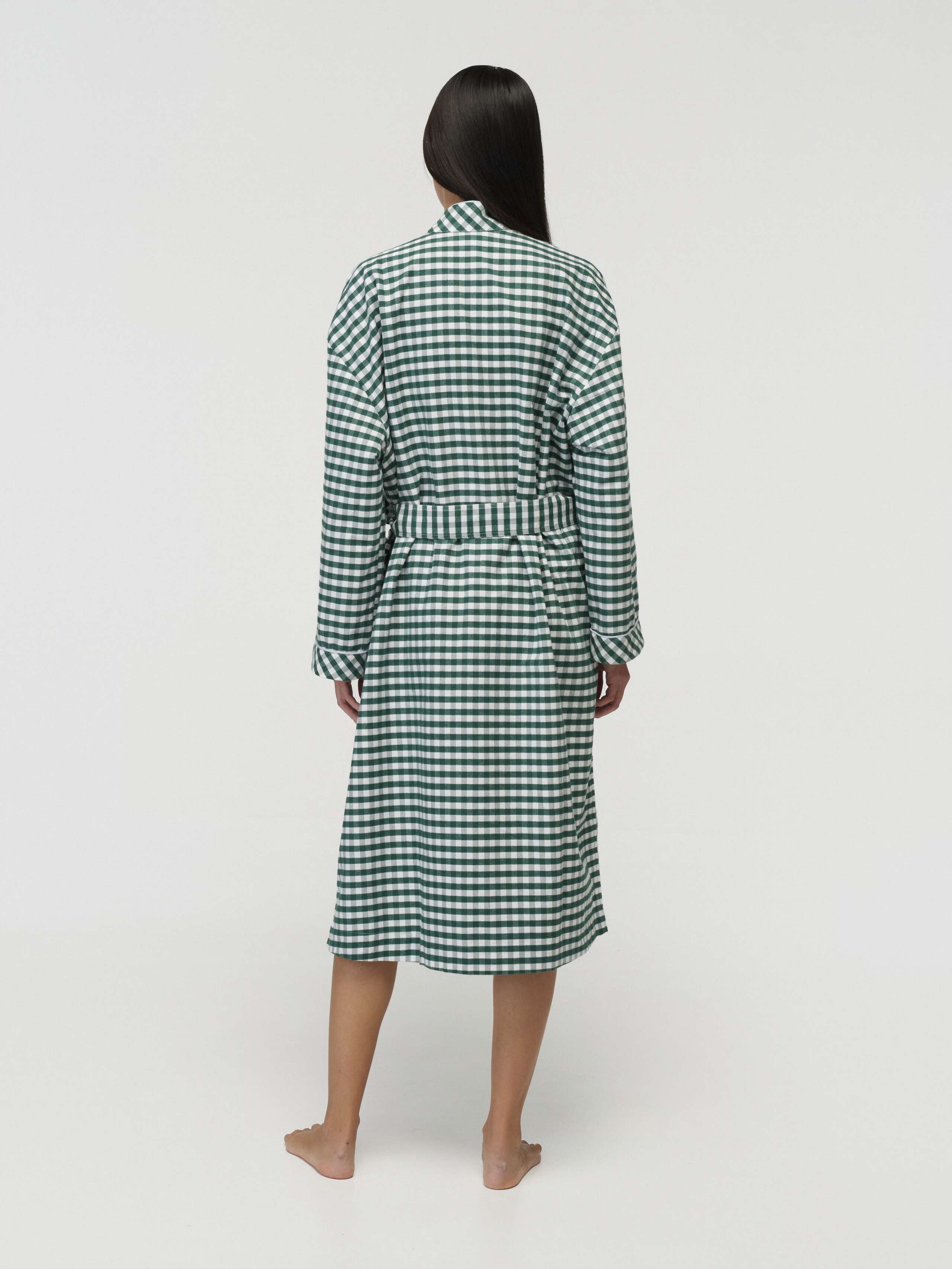 Model Wearing New Hugh Robe in Linden Green