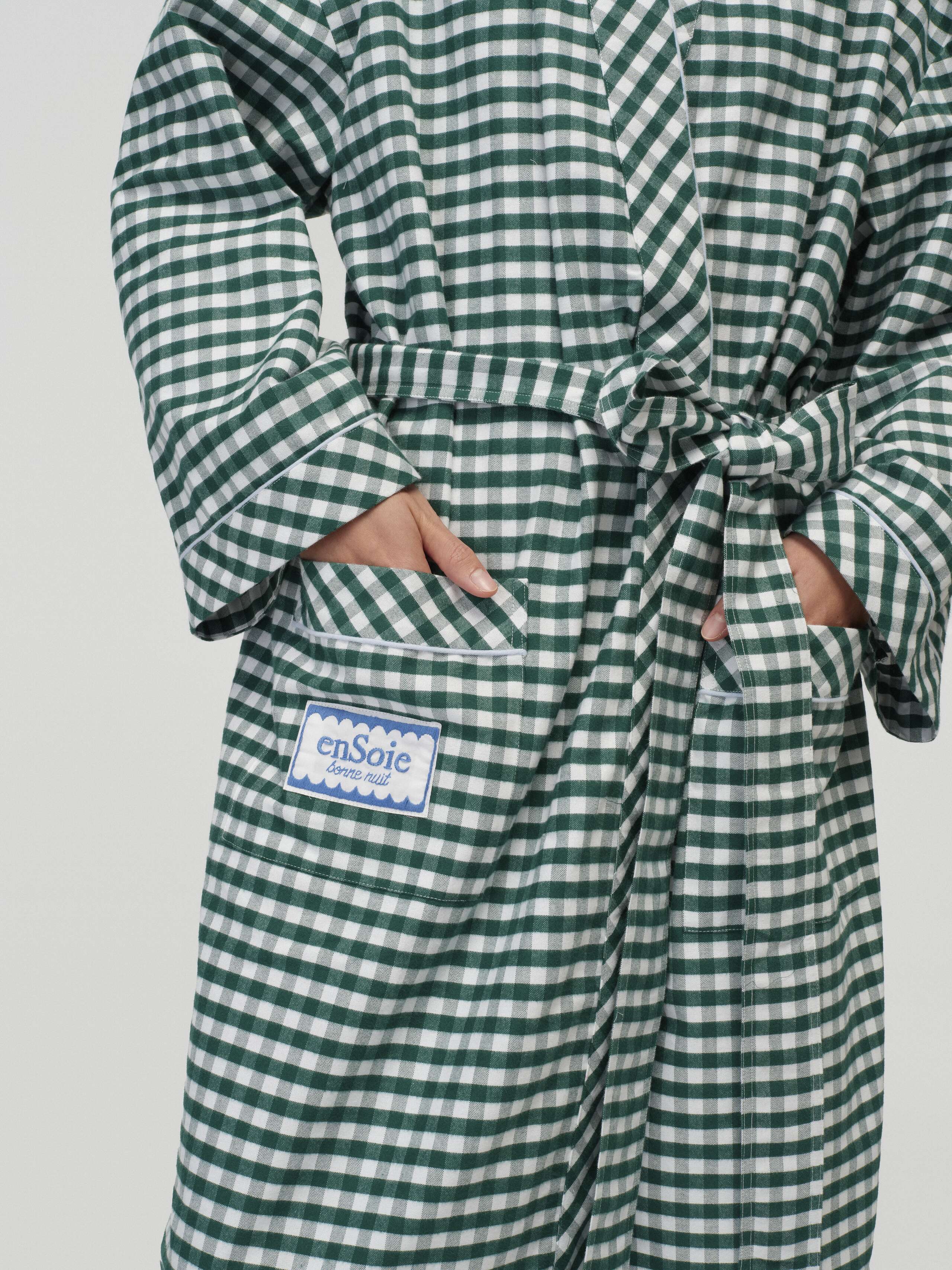 Model Wearing New Hugh Robe in Linden Green 