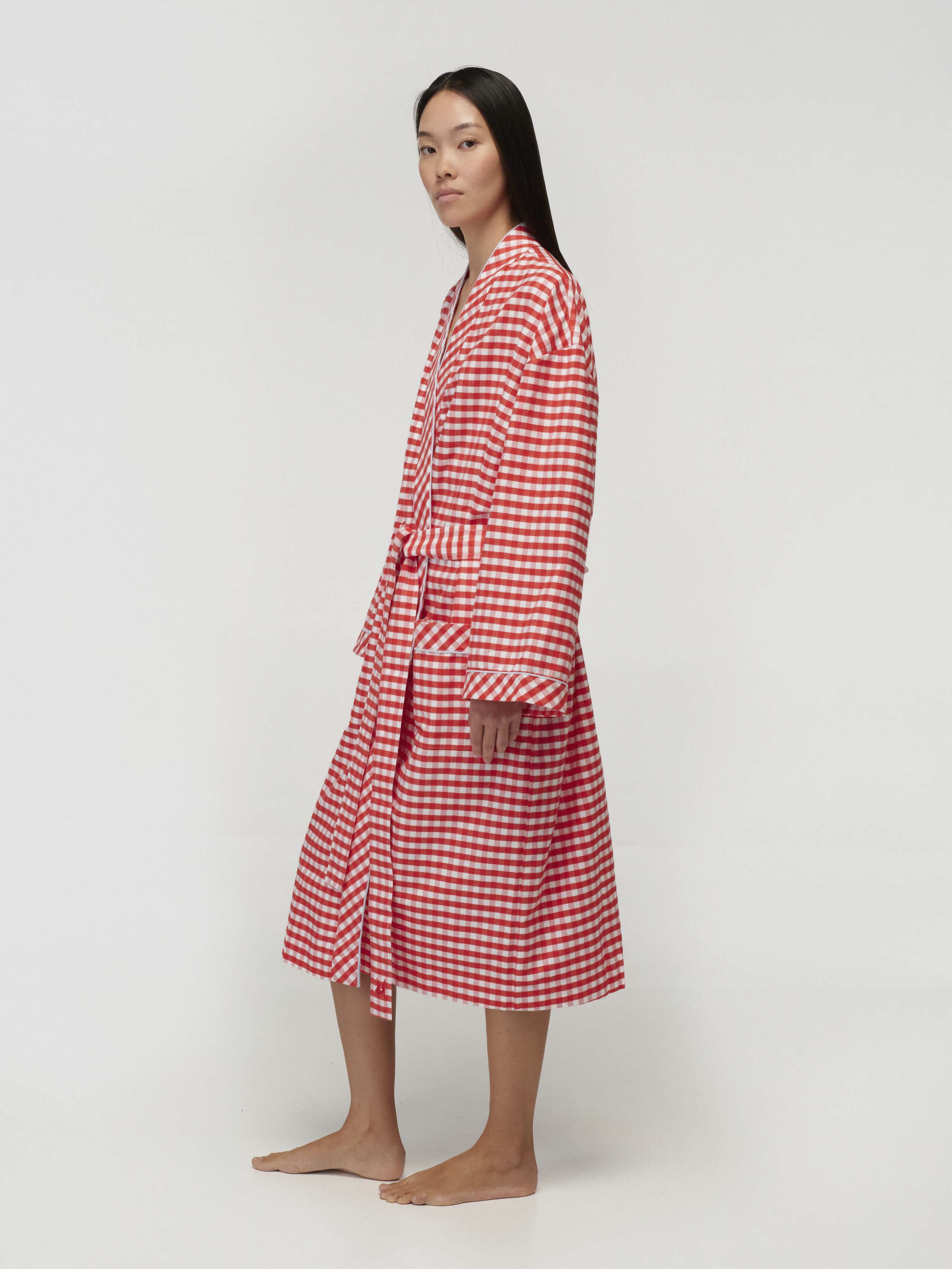 Model Wearing New Hugh Robe in enSoie Red
