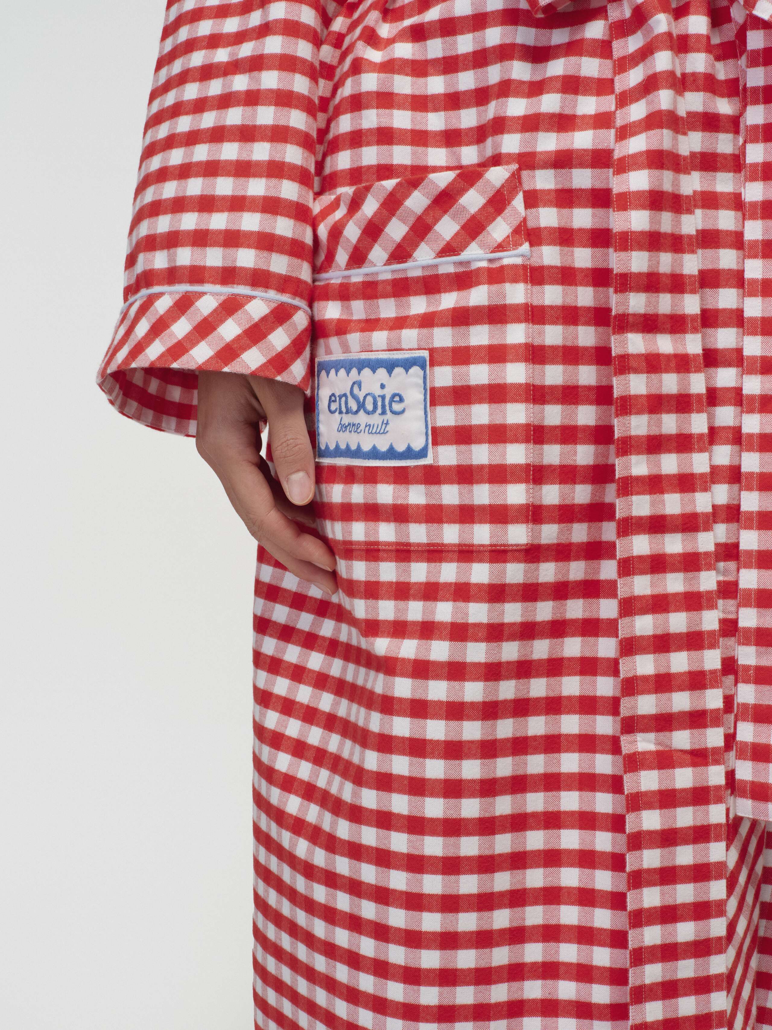 Model Wearing New Hugh Robe in enSoie Red