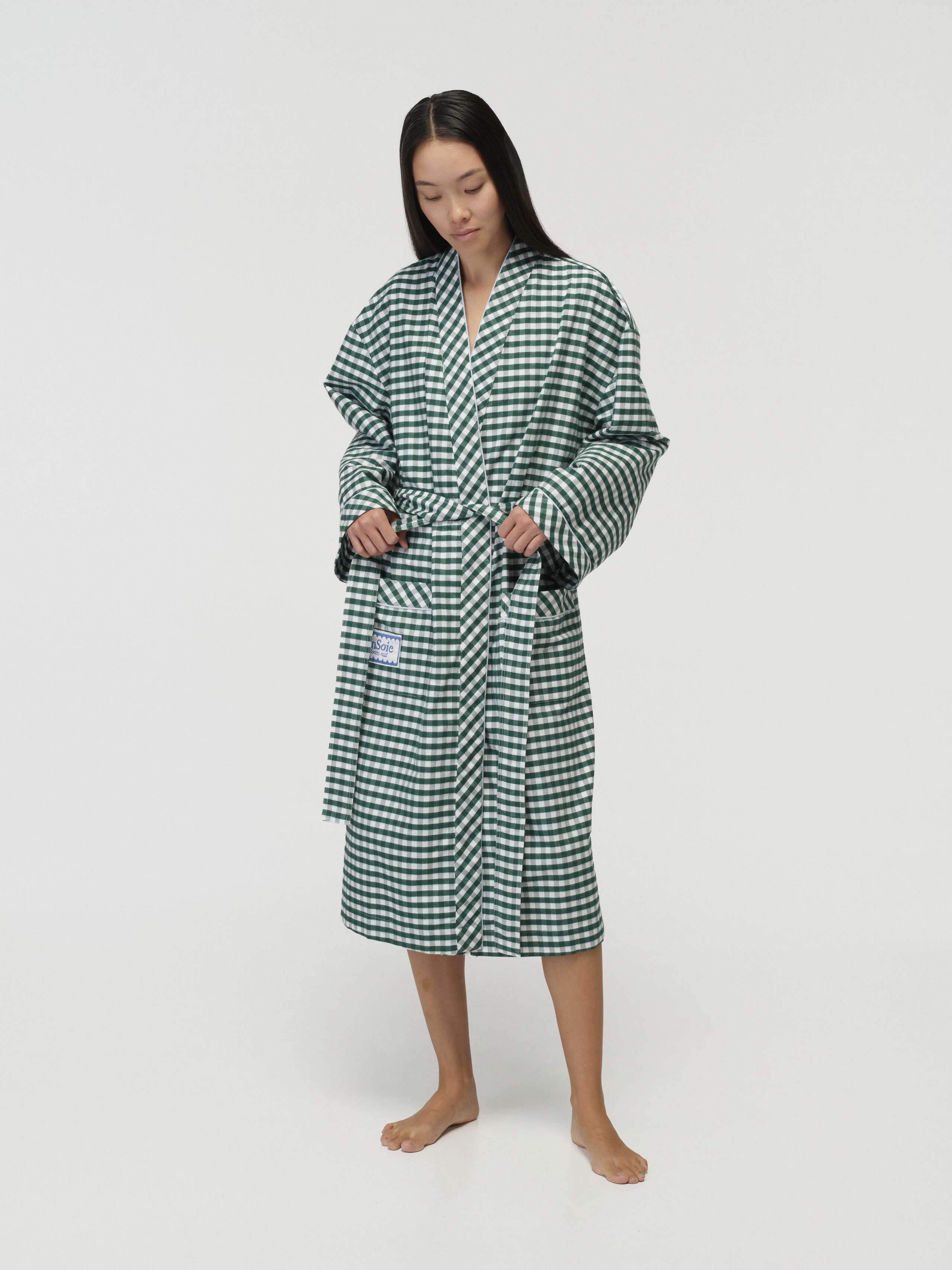 Model Wearing New Hugh Robe in Linden Green
