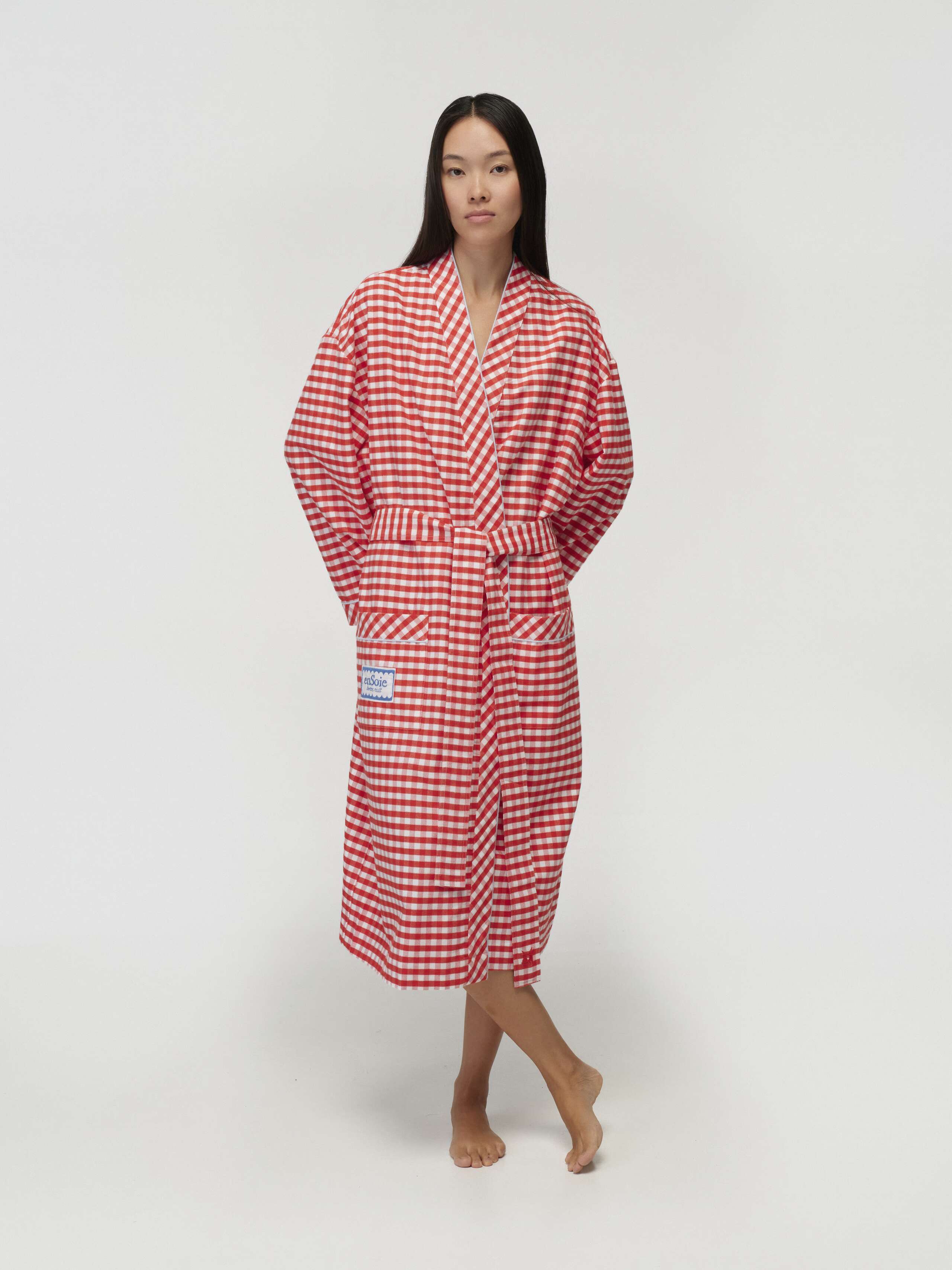 Model Wearing New Hugh Robe in enSoie Red