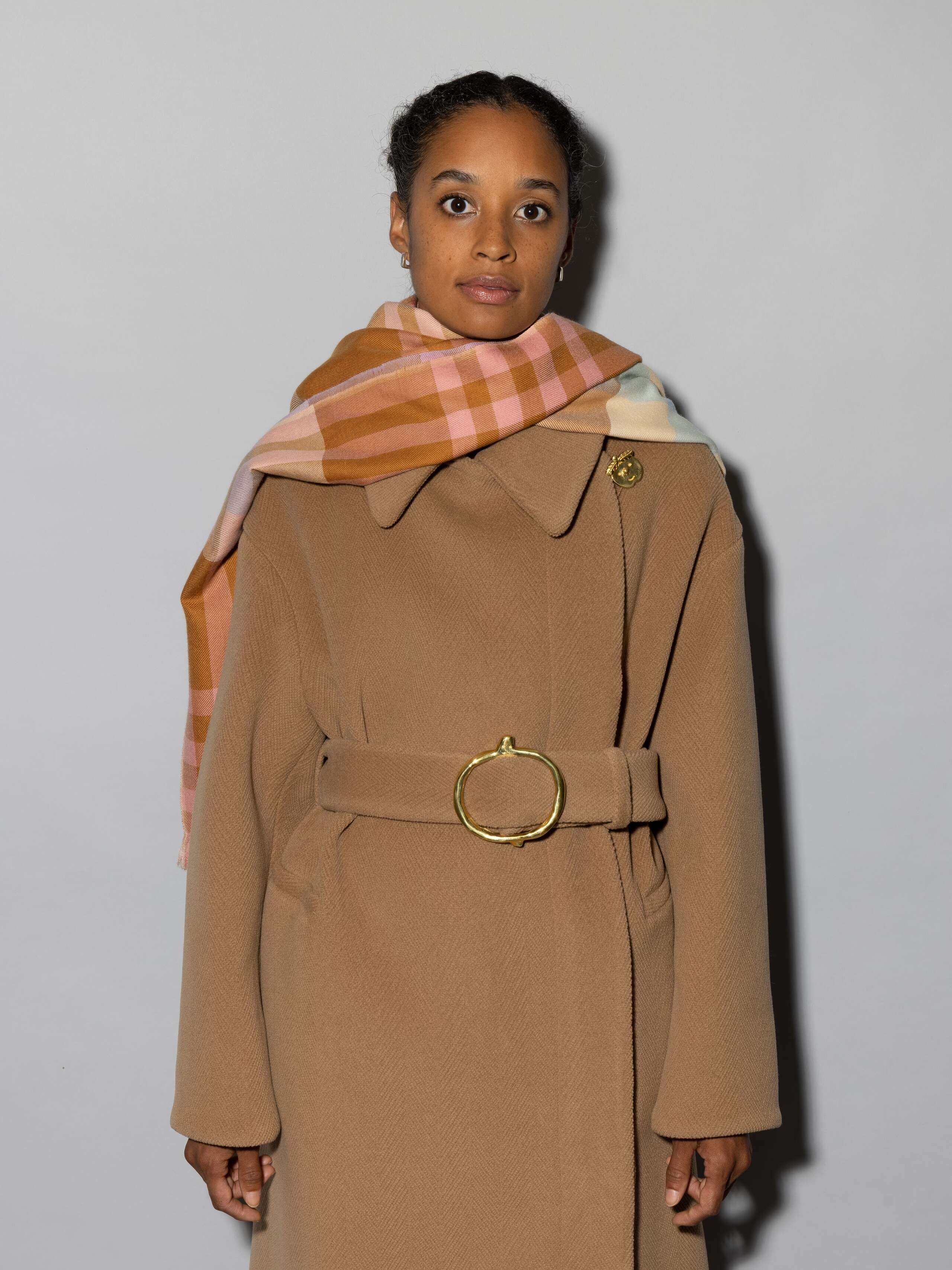 multicolour wool scarf in warm brown rose beige shades with apple embroidery