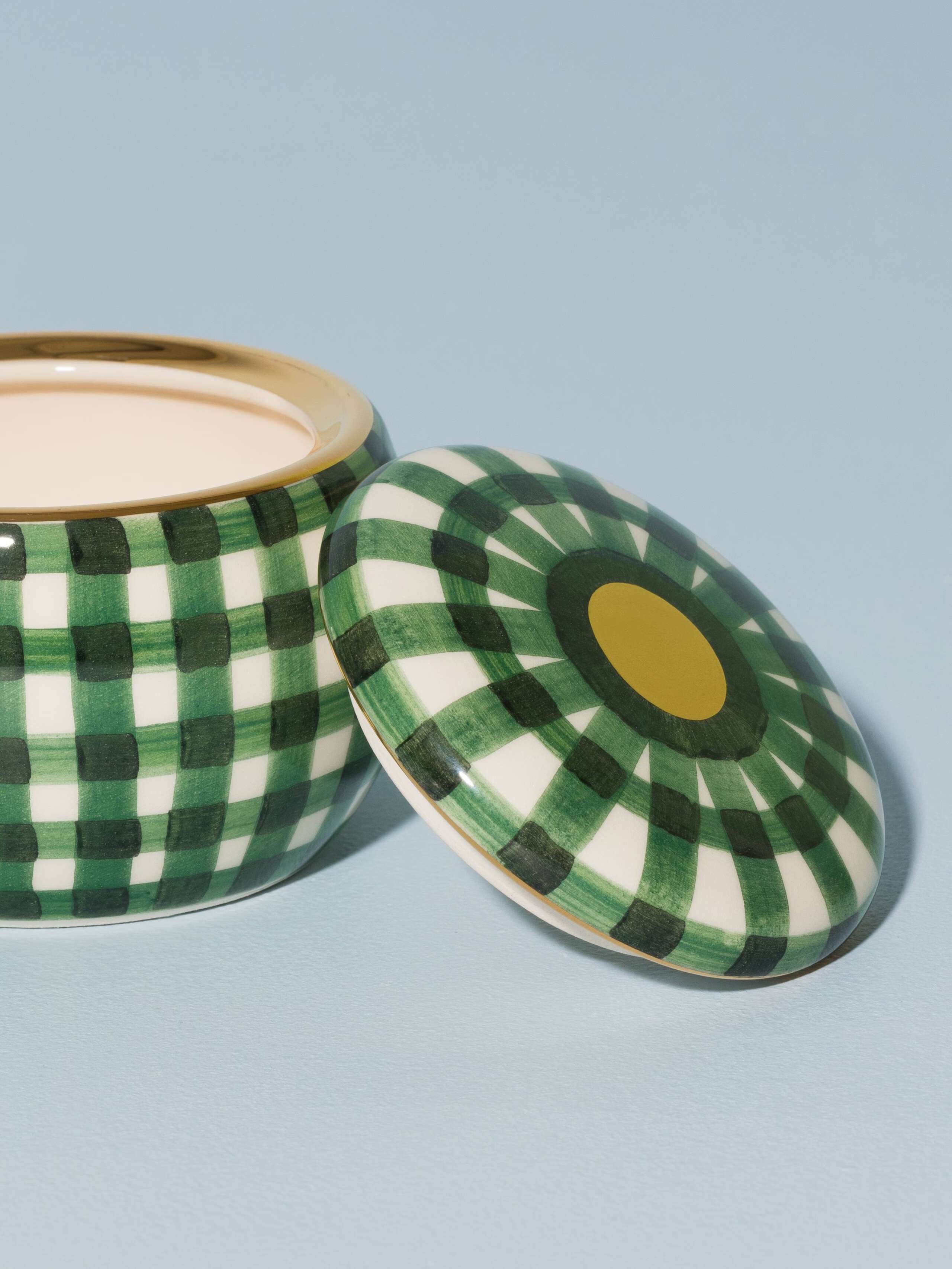 Picture of a cute small sugar bowl featuring a nice dark green vichy check pattern