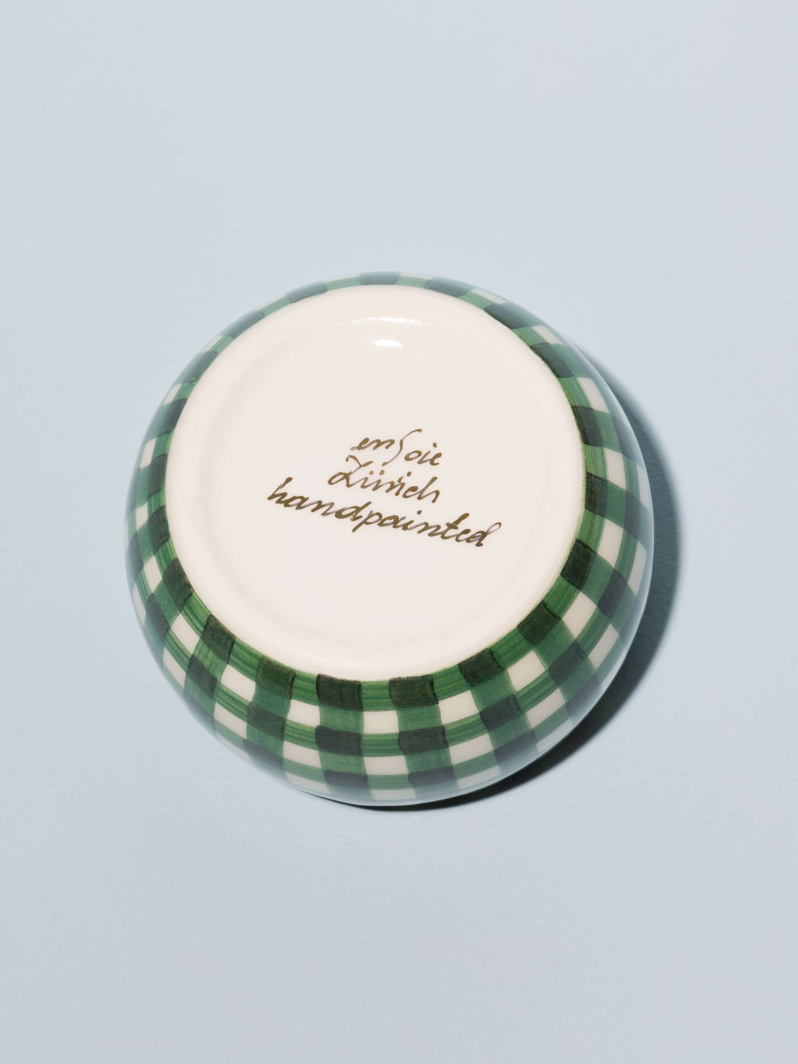 Picture of a cute small sugar bowl featuring a nice green vichy check pattern