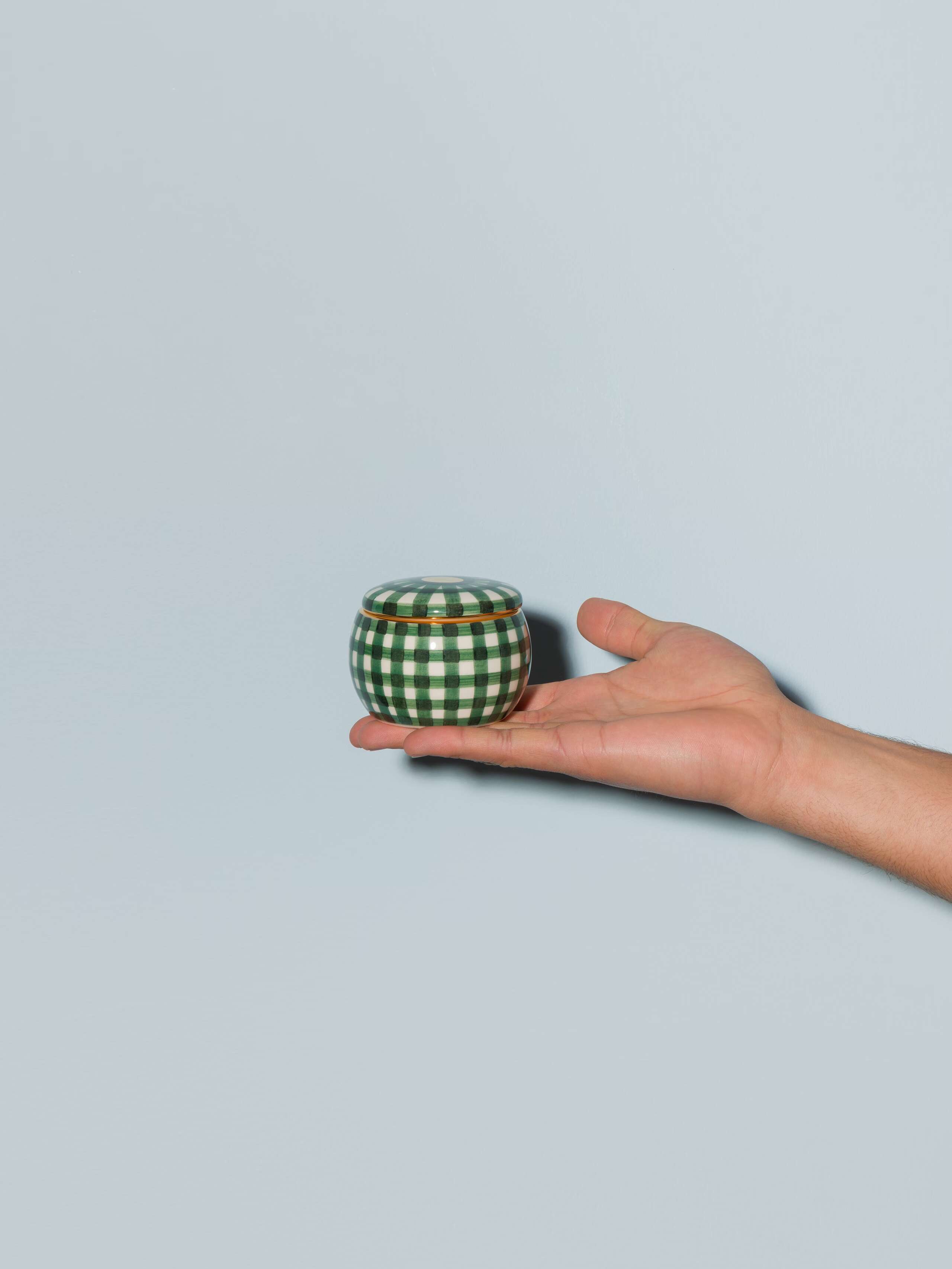Picture of a cute small sugar bowl featuring a nice green vichy check pattern