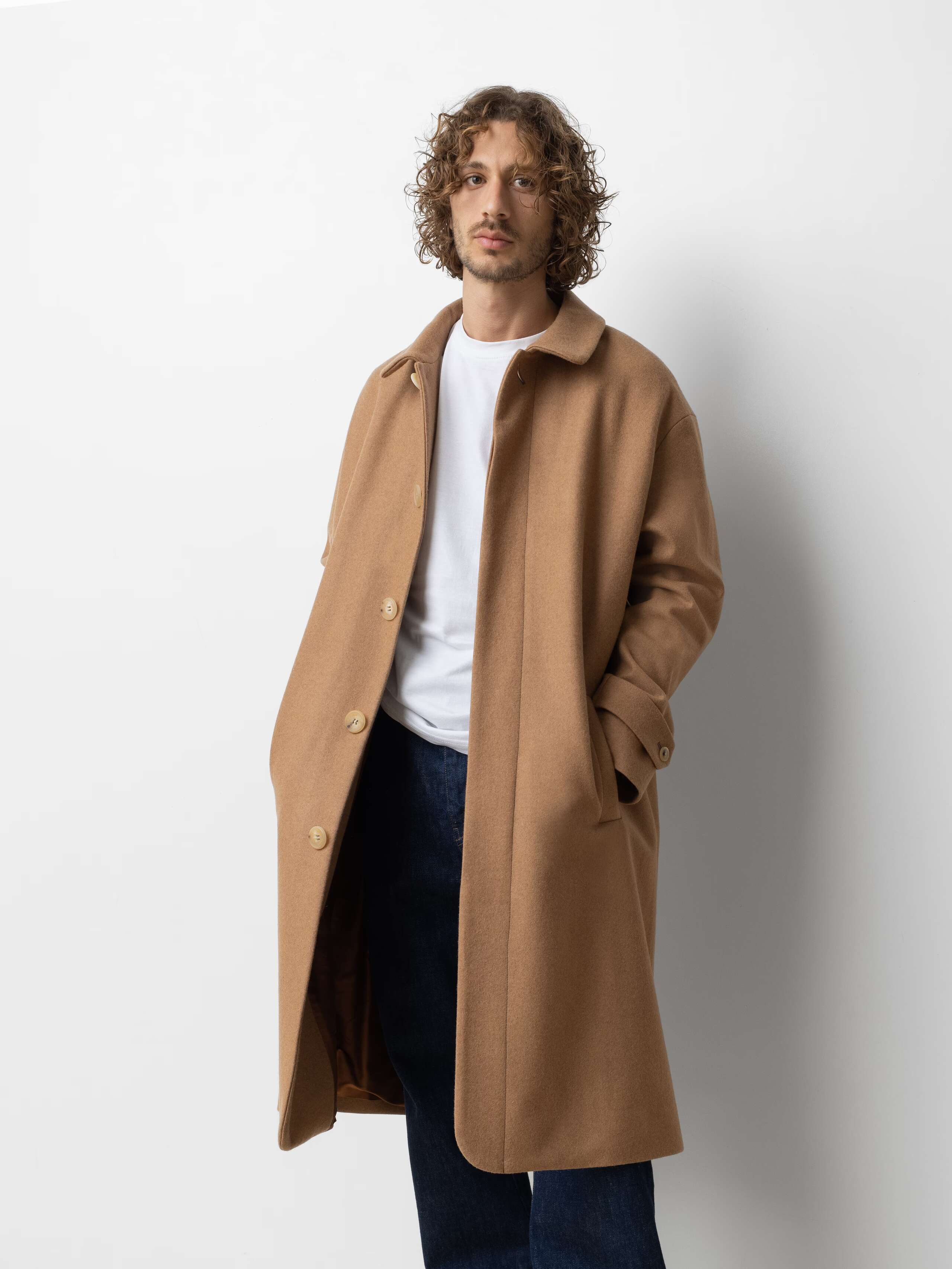 Picture of a male model wearing a classic winter coat in beige