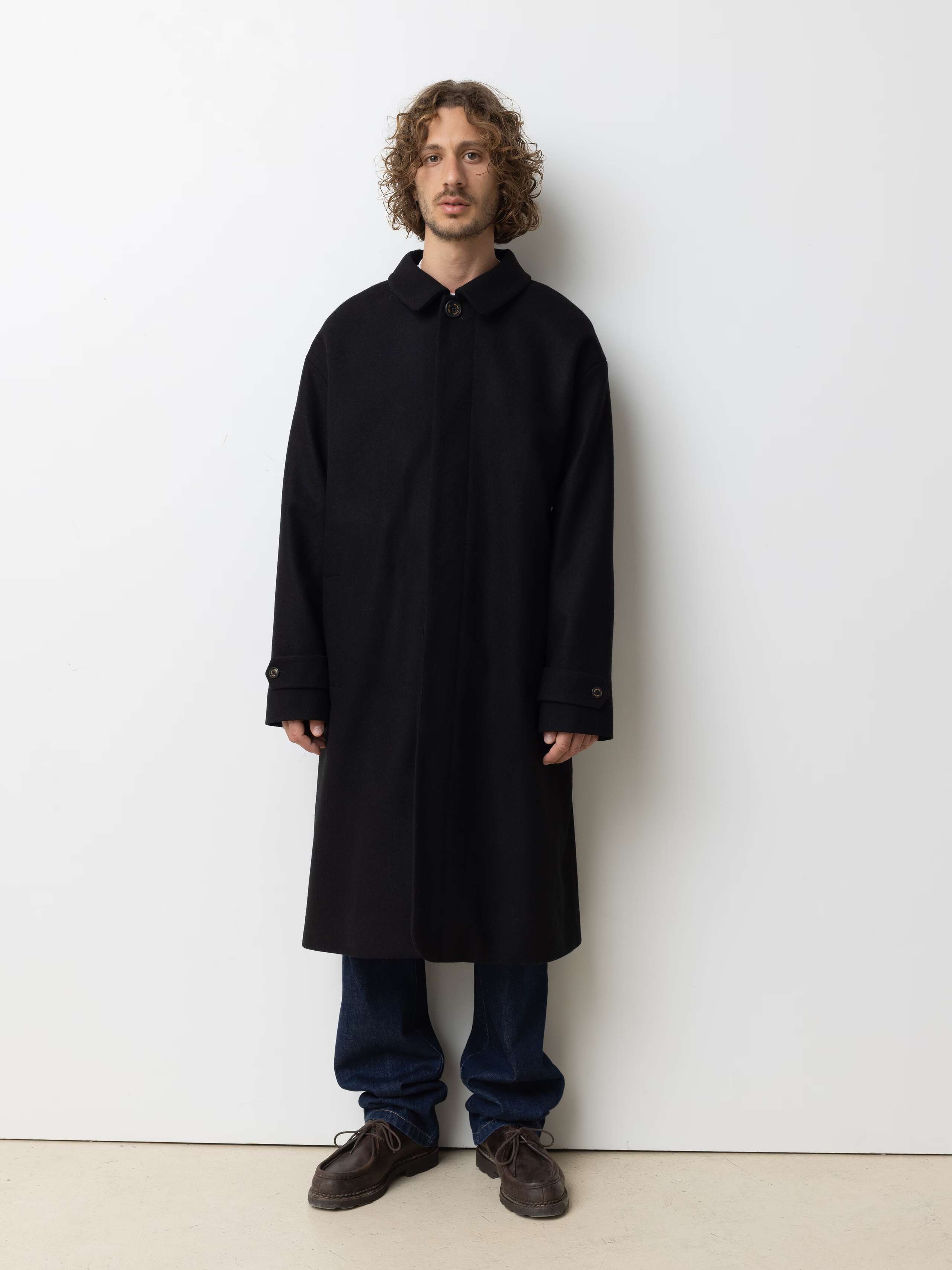 Picture of a male model wearing a classic black winter coat