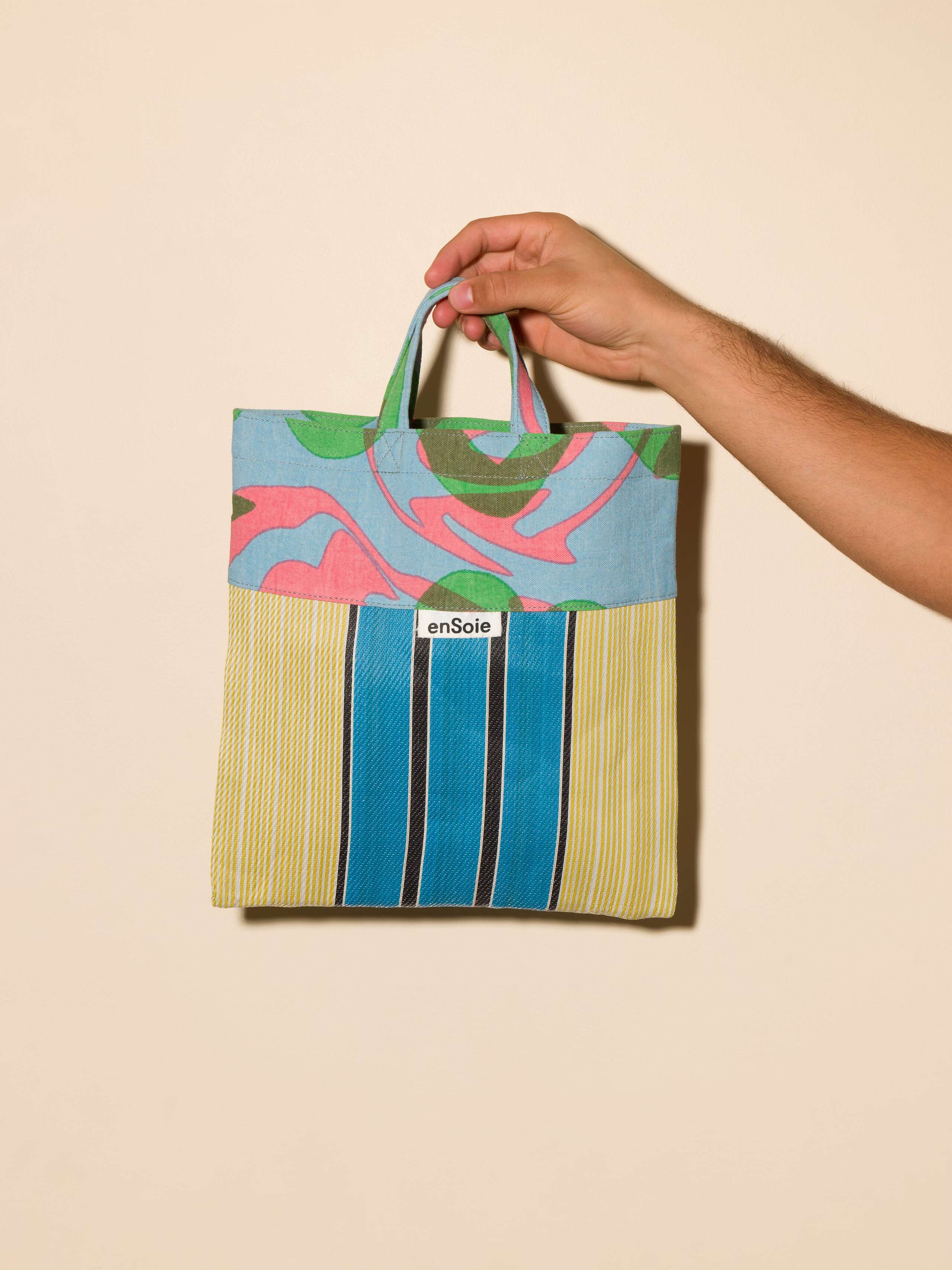 Picture of the Elgin Road bag in blue green and pink colours with a blue and yellow base