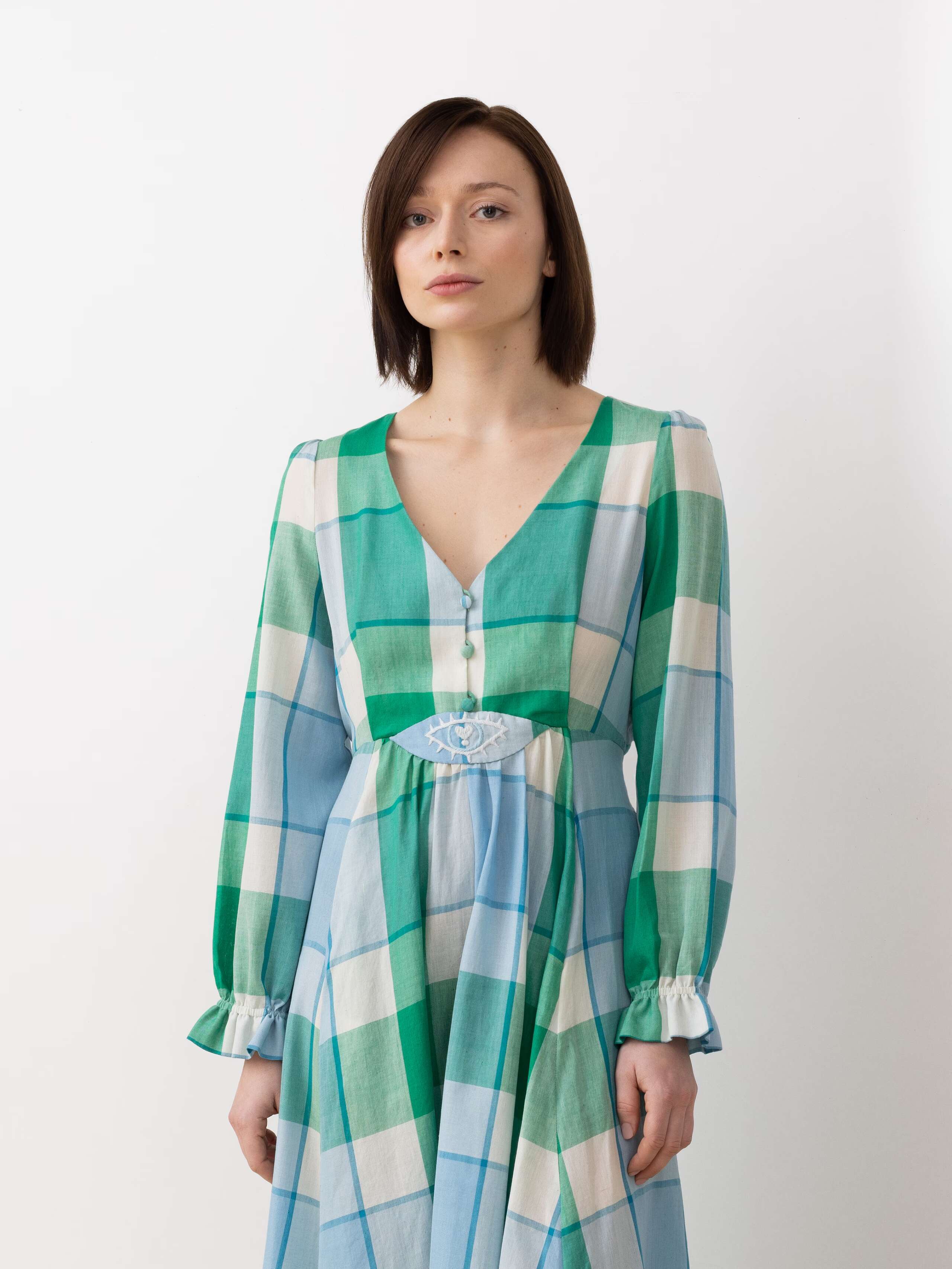 Ready Steady Check Lisl dress in green and blue tones