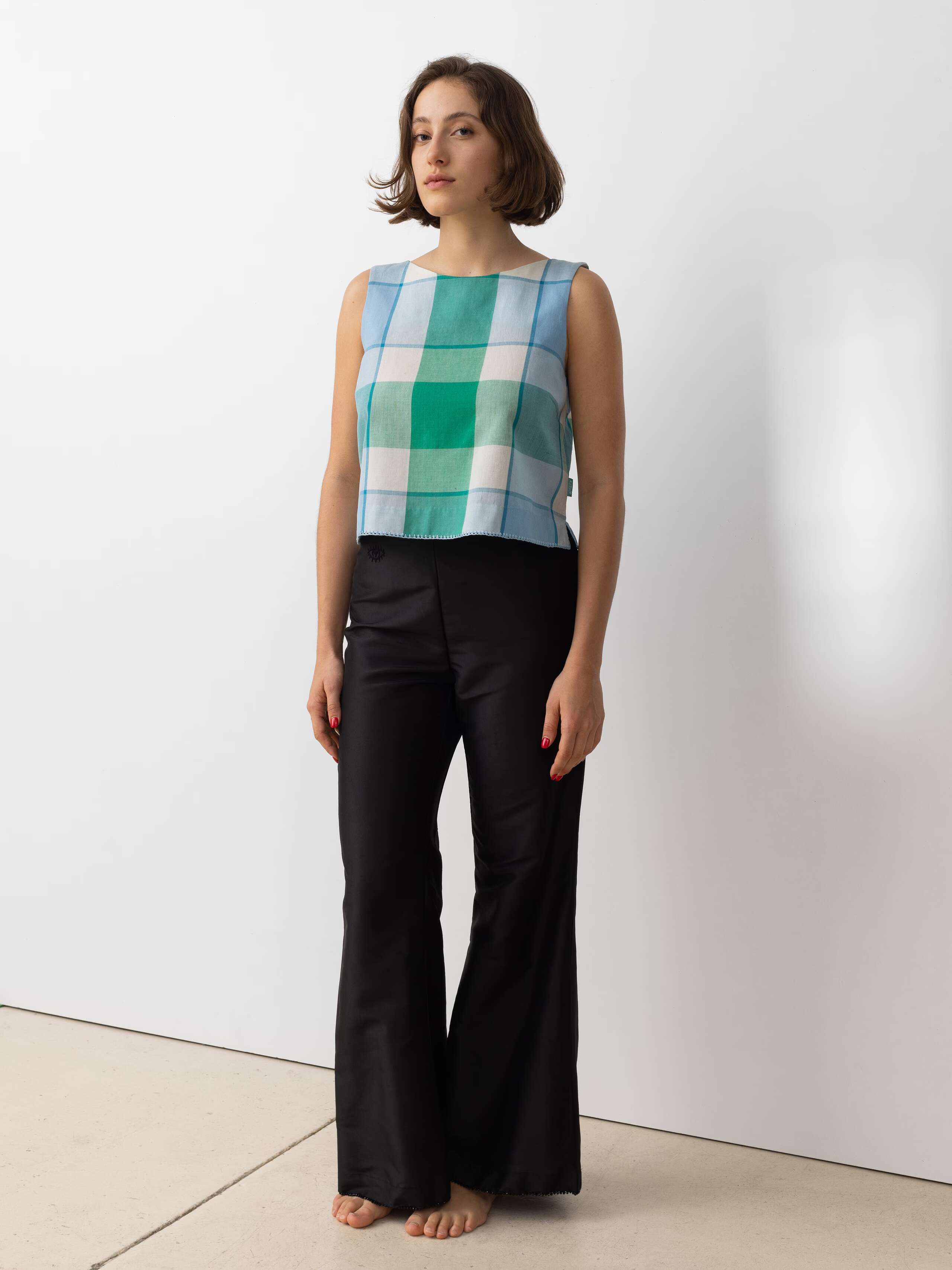 Junko top a light weight cotton check in the ready steady check coloration of blues and greens