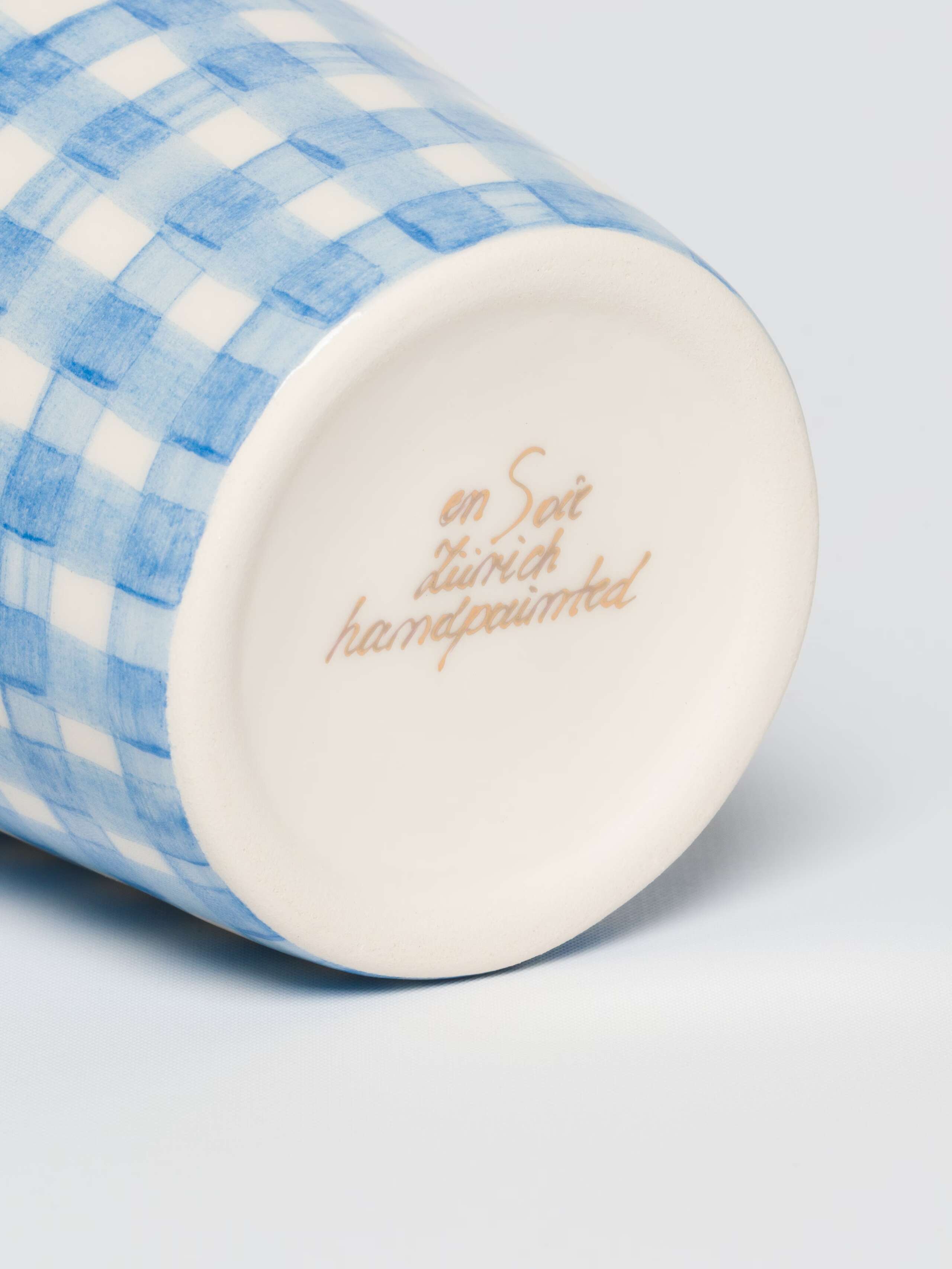 Sourire cup in vichy hand painted three sizes light blue