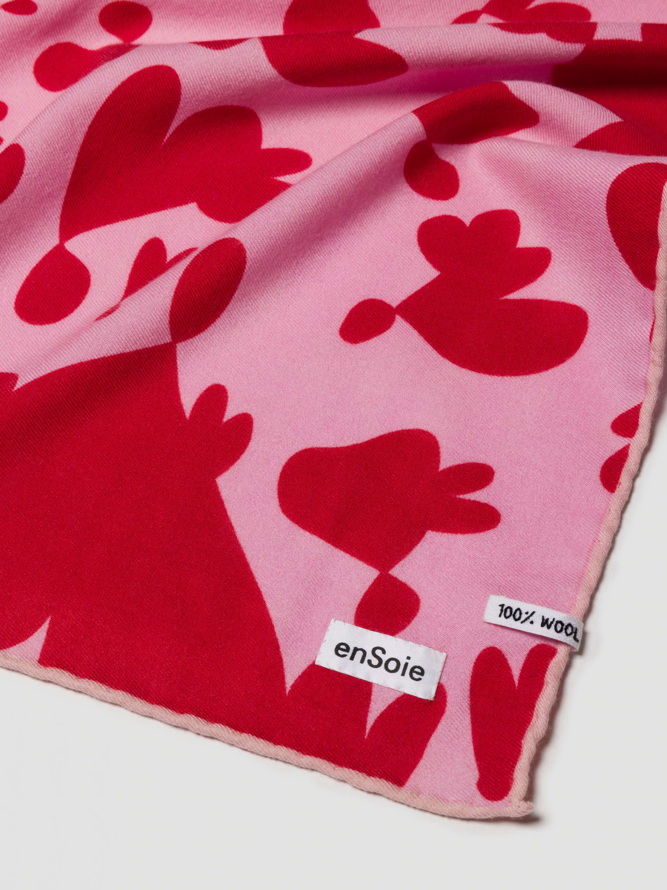 Wool foulard scarf in pink warm red with inspired hearts print