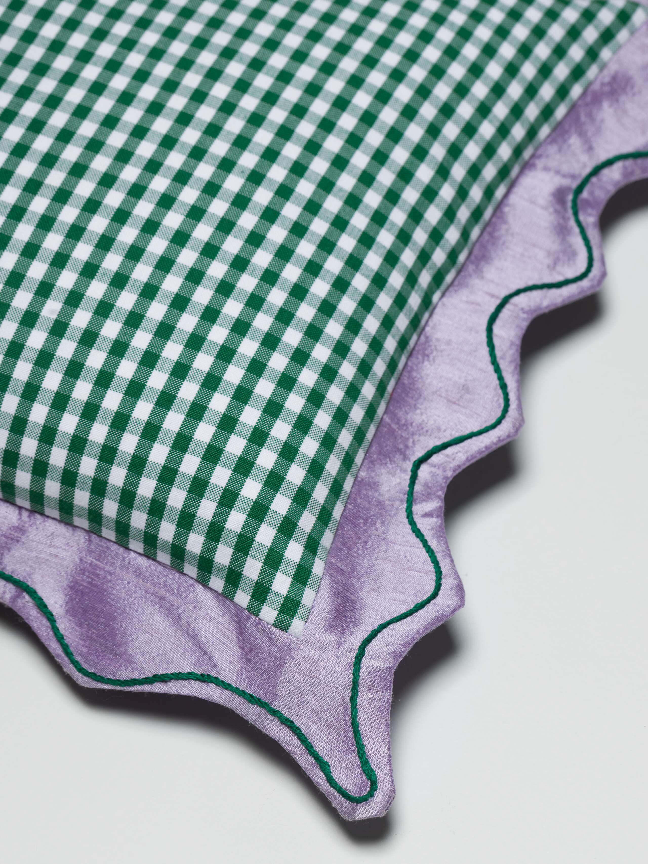 Mila pillow cover with doupion silk frame in vichy light blue and green