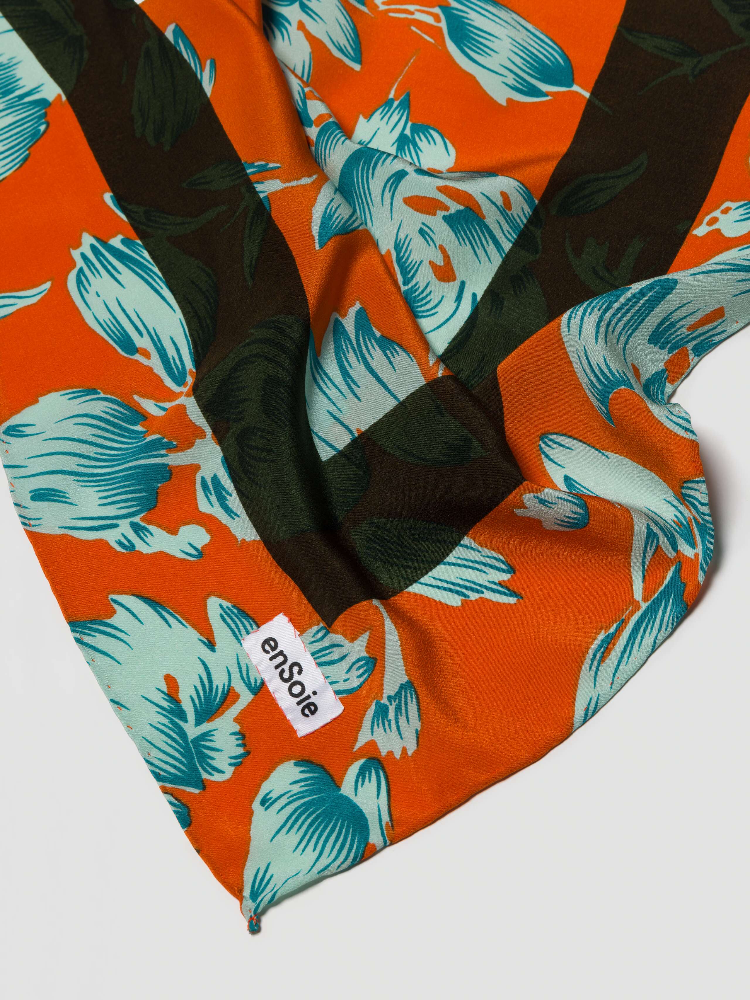 Printed Flower Silk foulard carré enSoie orange teal