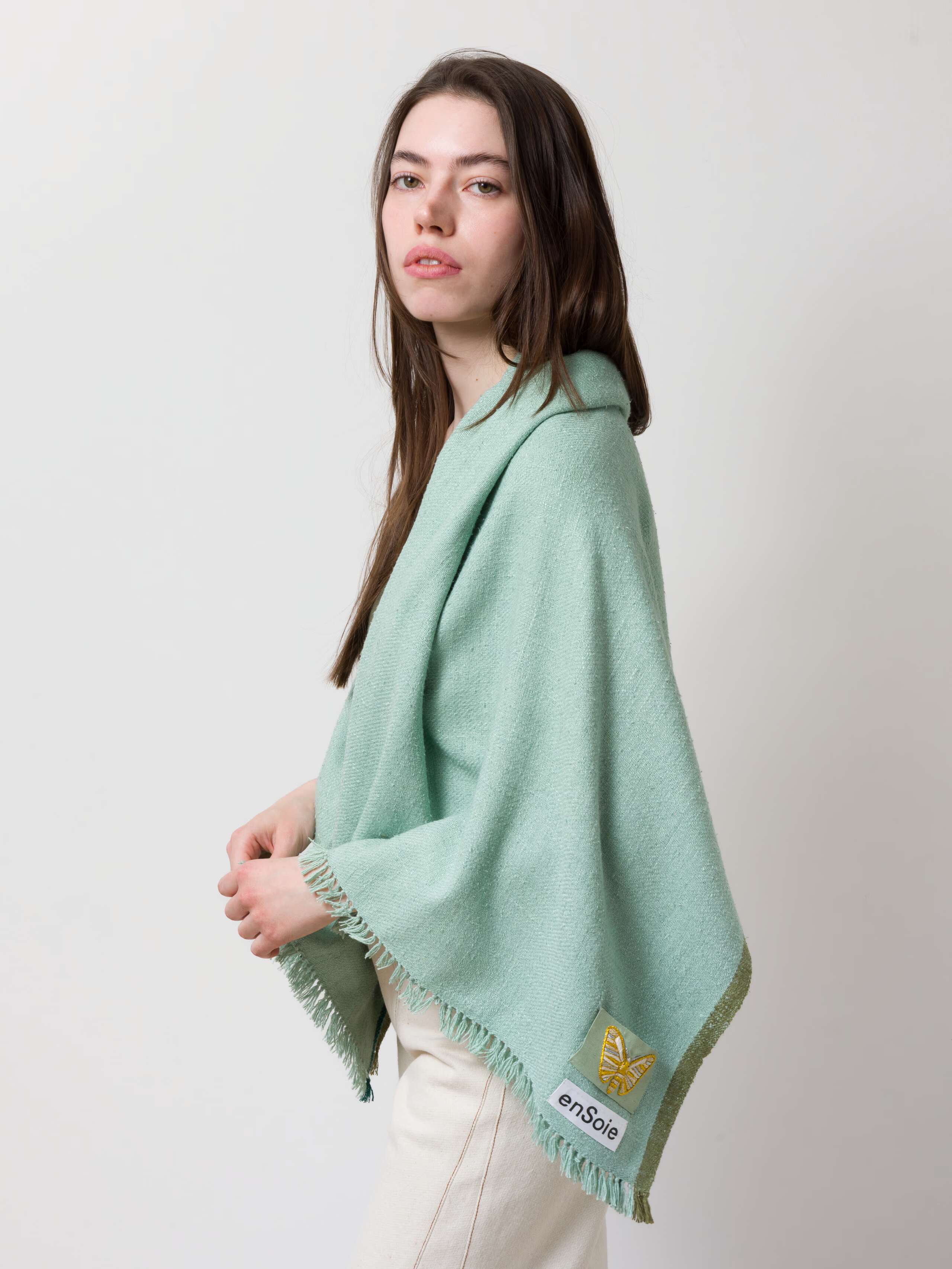 Picture of the square Blia handspun silk stole in mint green