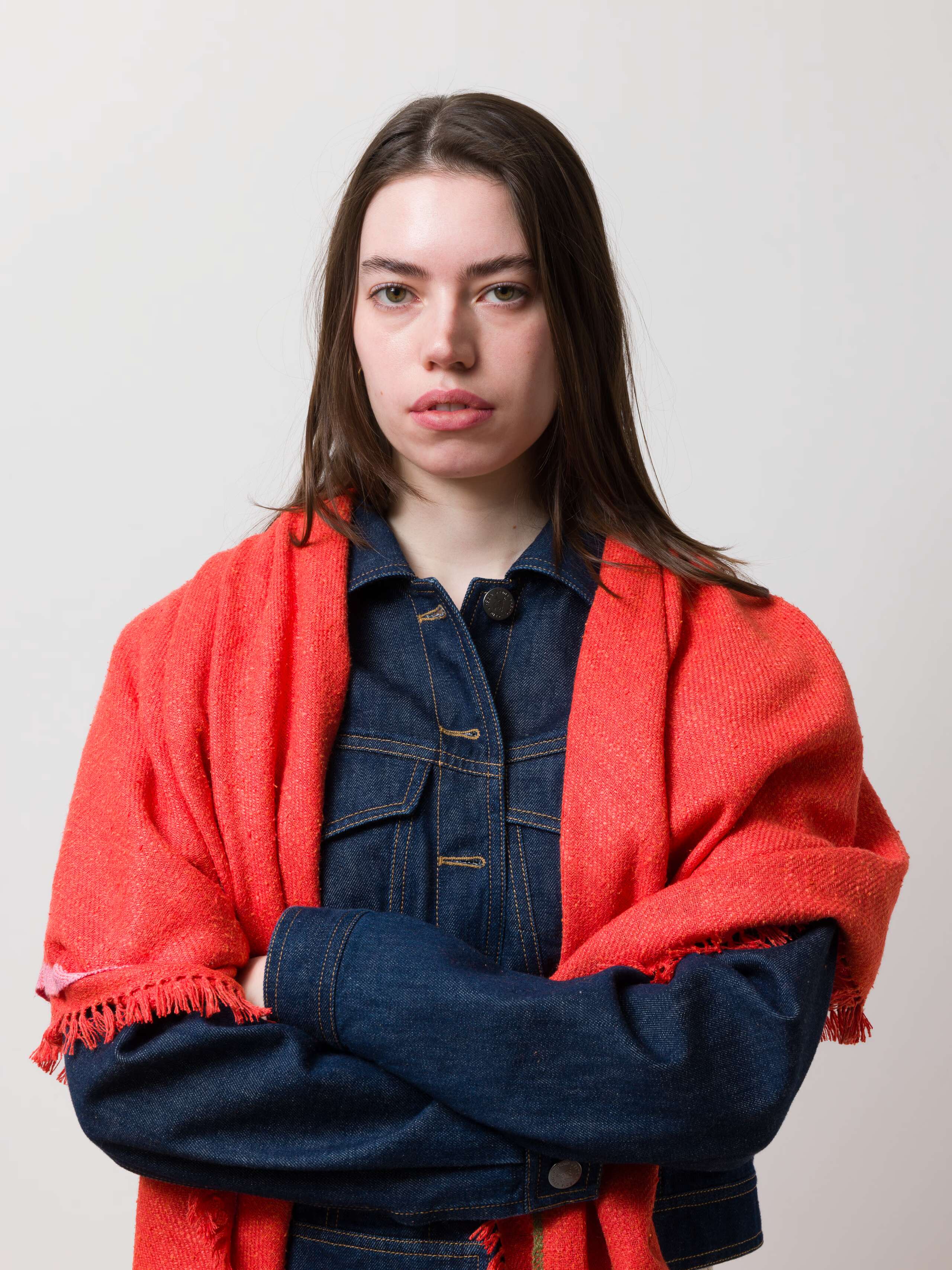 Picture of the square Blia handspun silk stole in orange