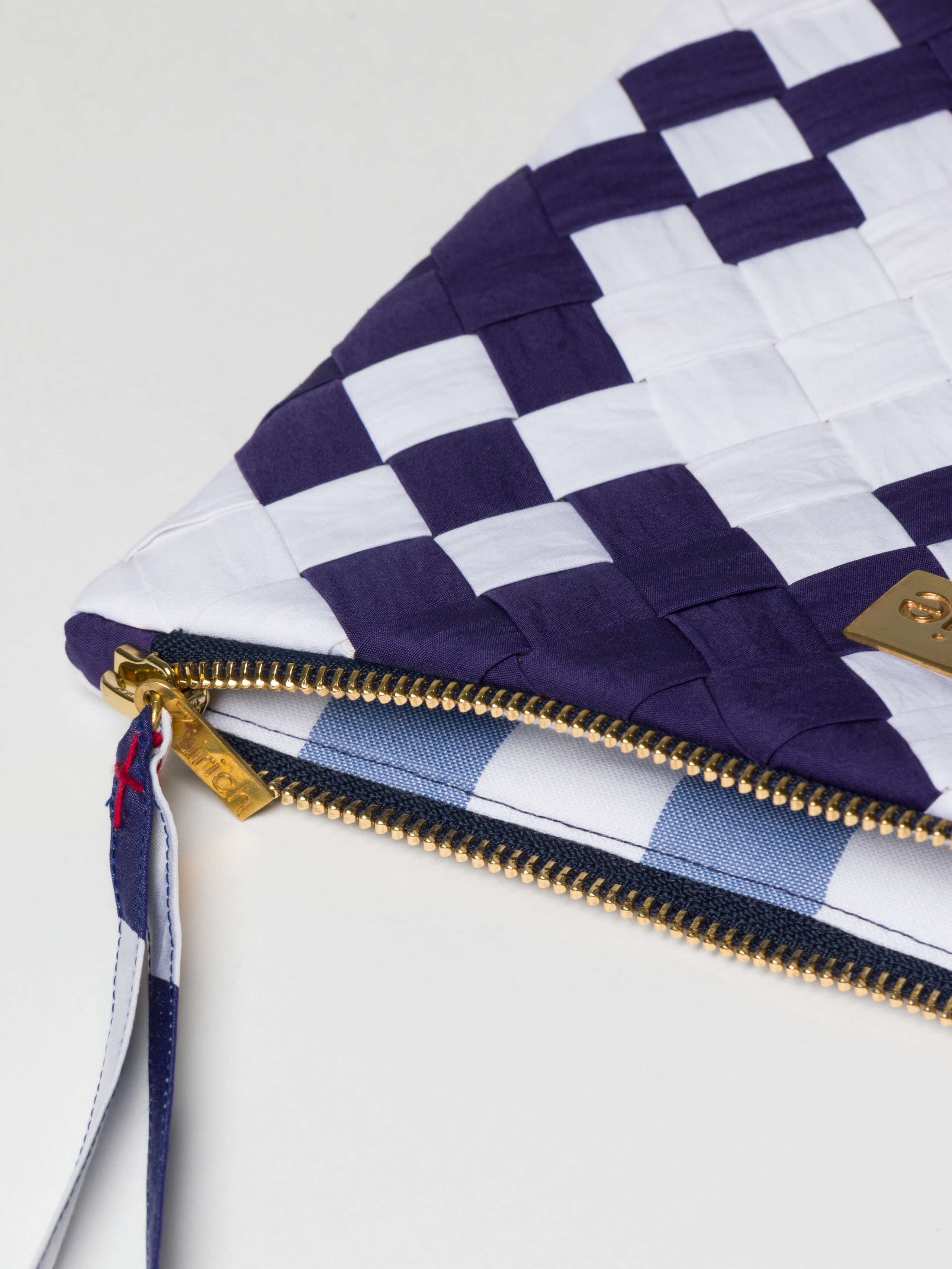 Clutch bag navy white woven poplin cotton with enSoie brass tag