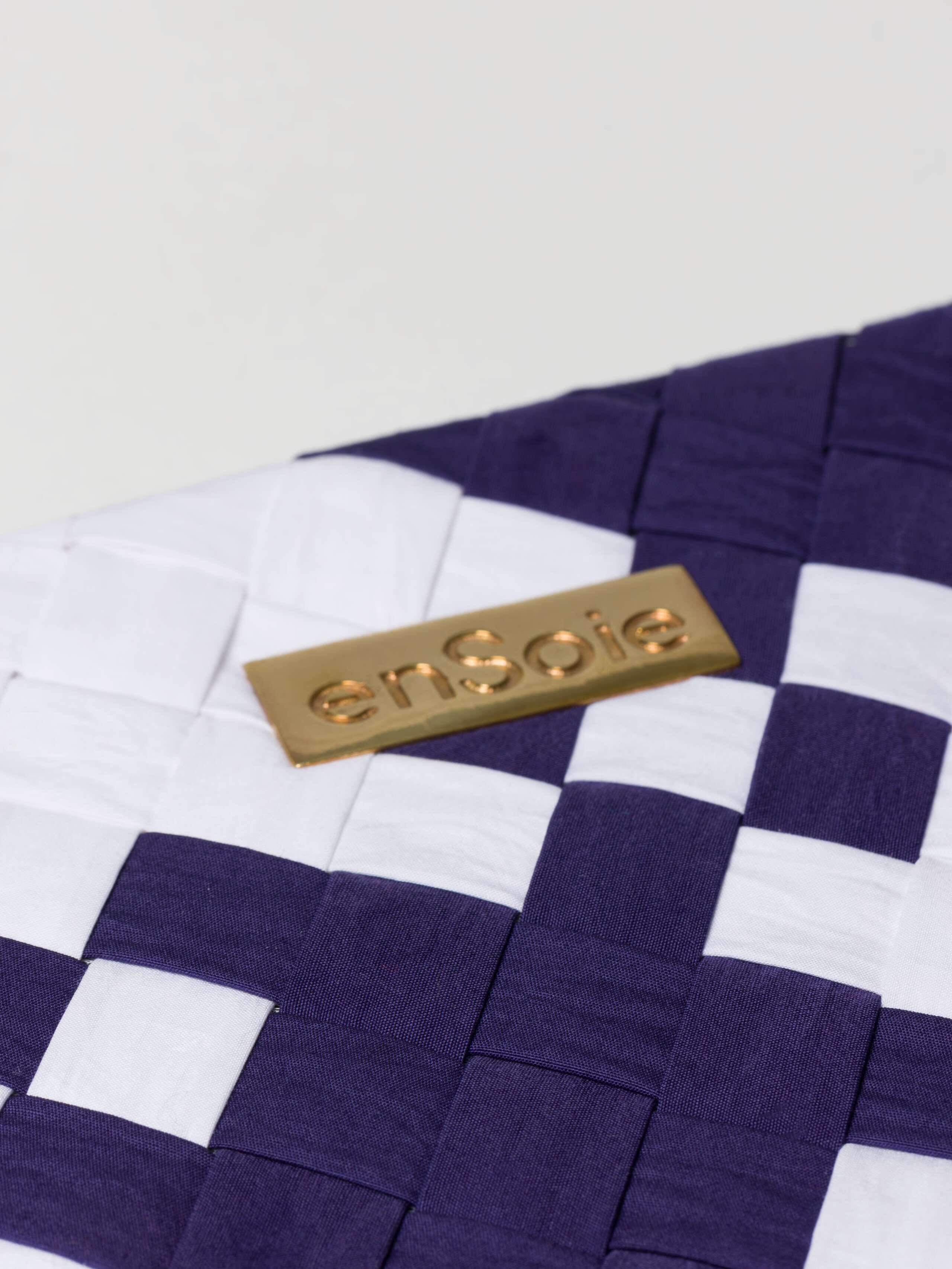Clutch bag navy white woven poplin cotton with enSoie brass tag