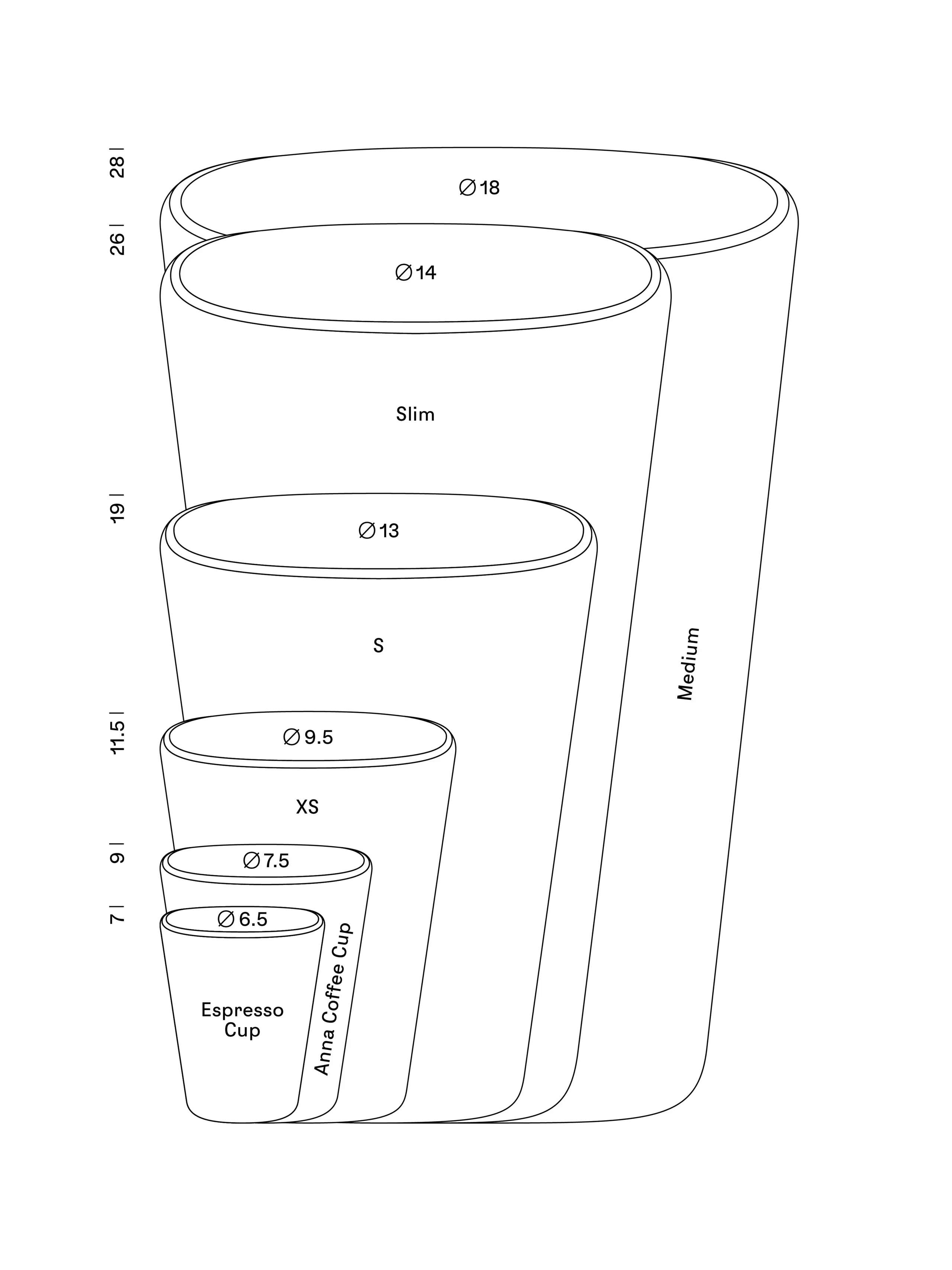 Overview of the different Vase and Cup sizes