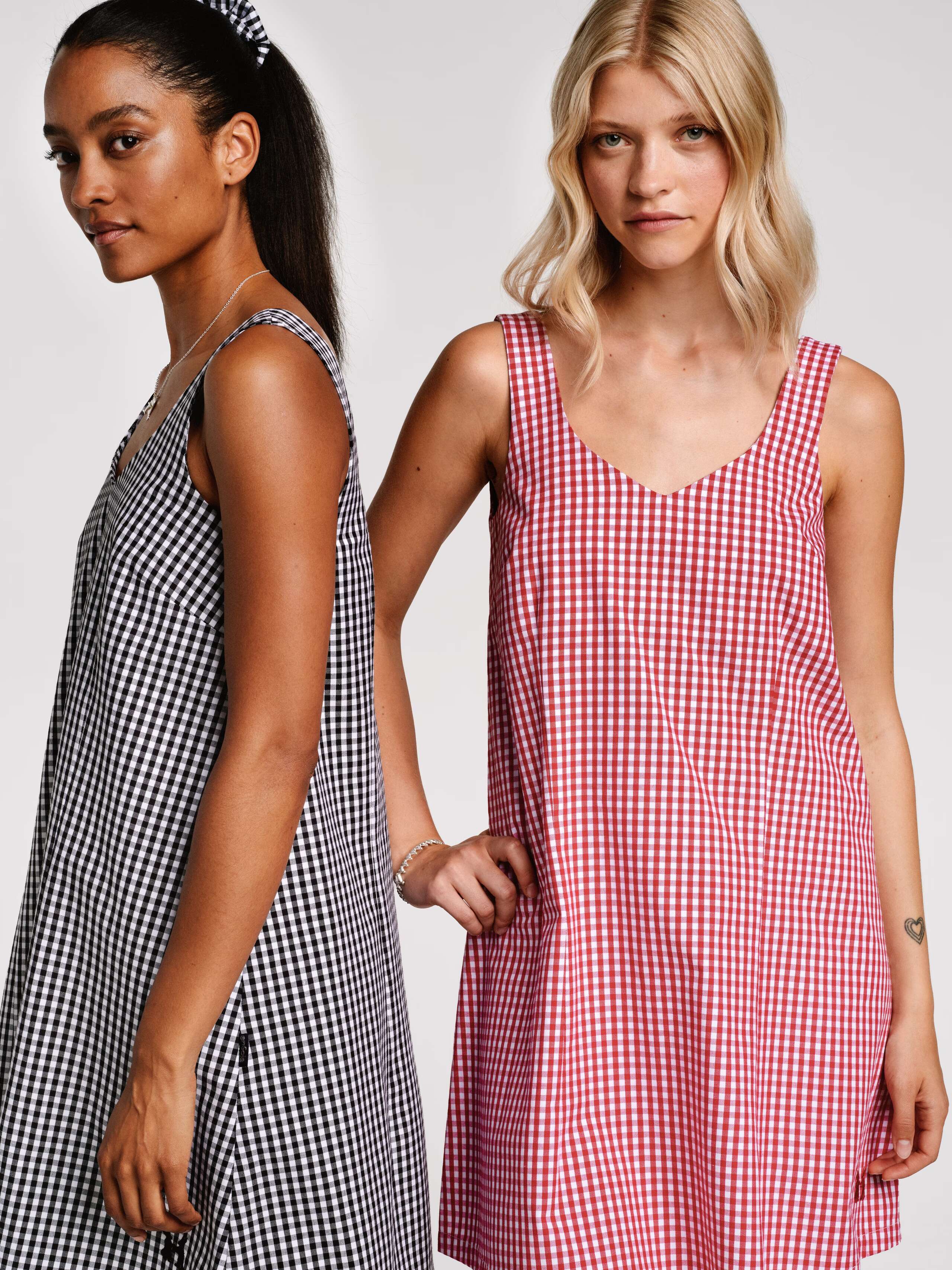 Vichy check dress in black and red with two models