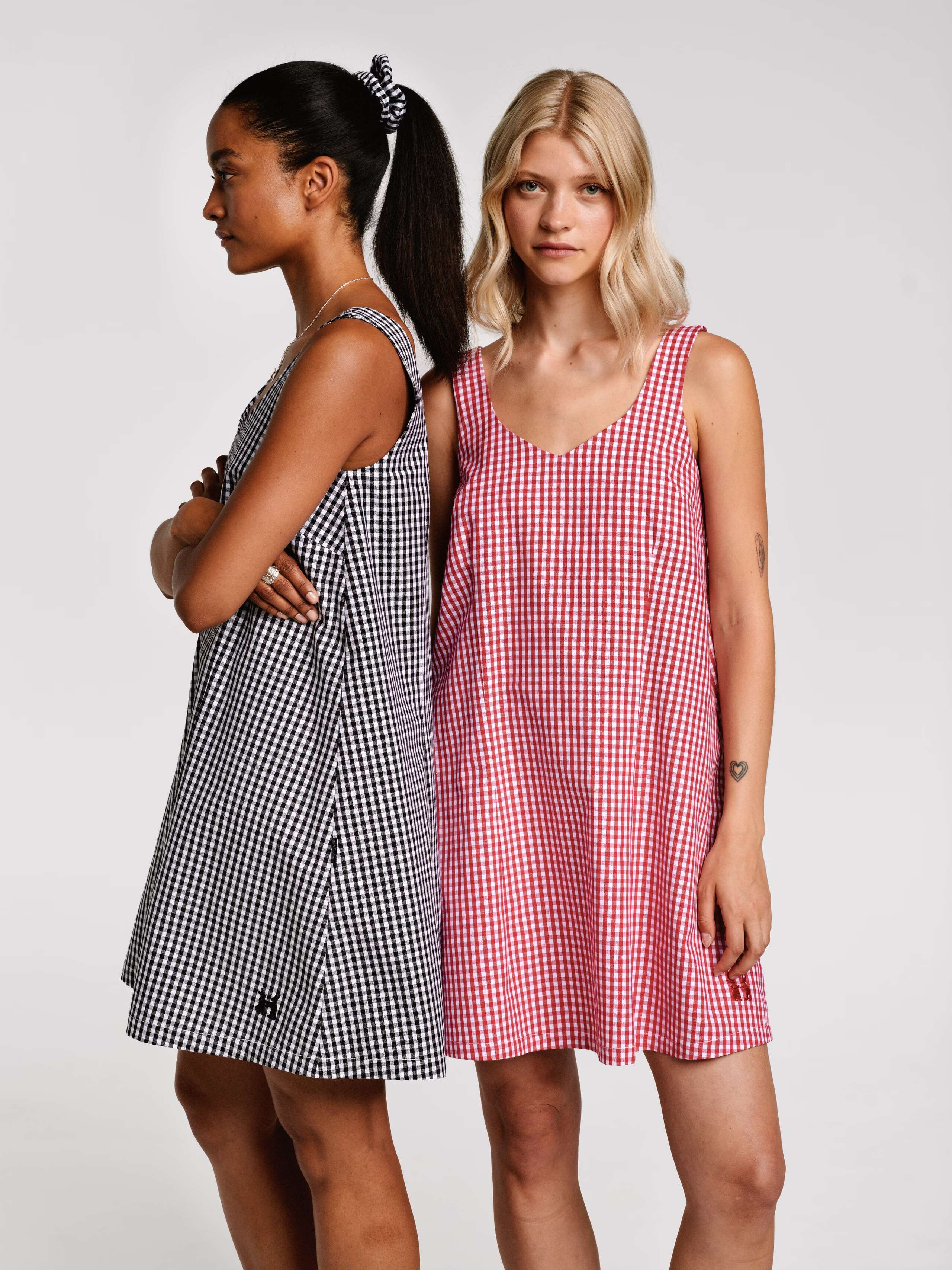 Vichy check dress in black and red with two models