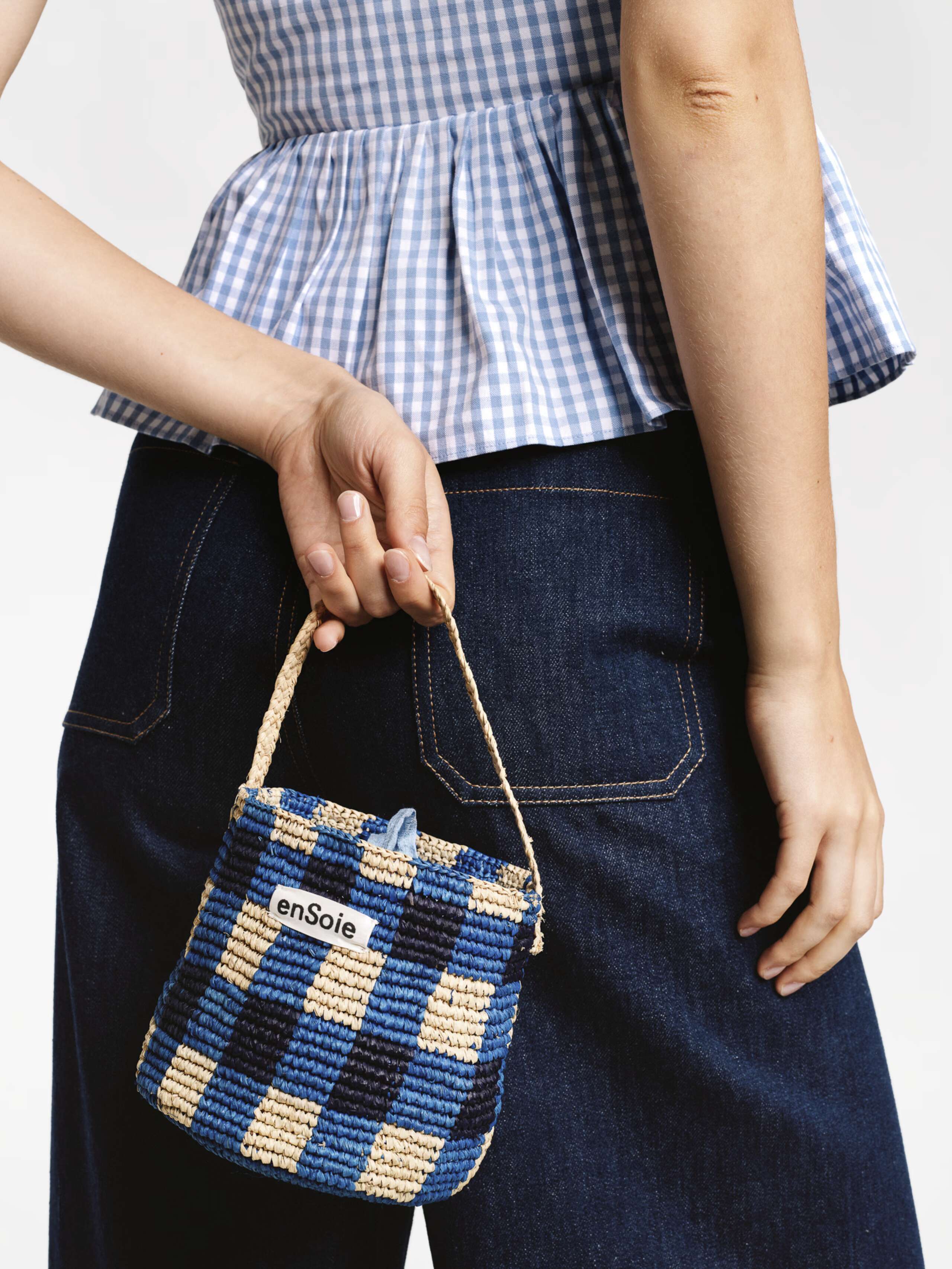 Model wearing the lightblue vichy Val top