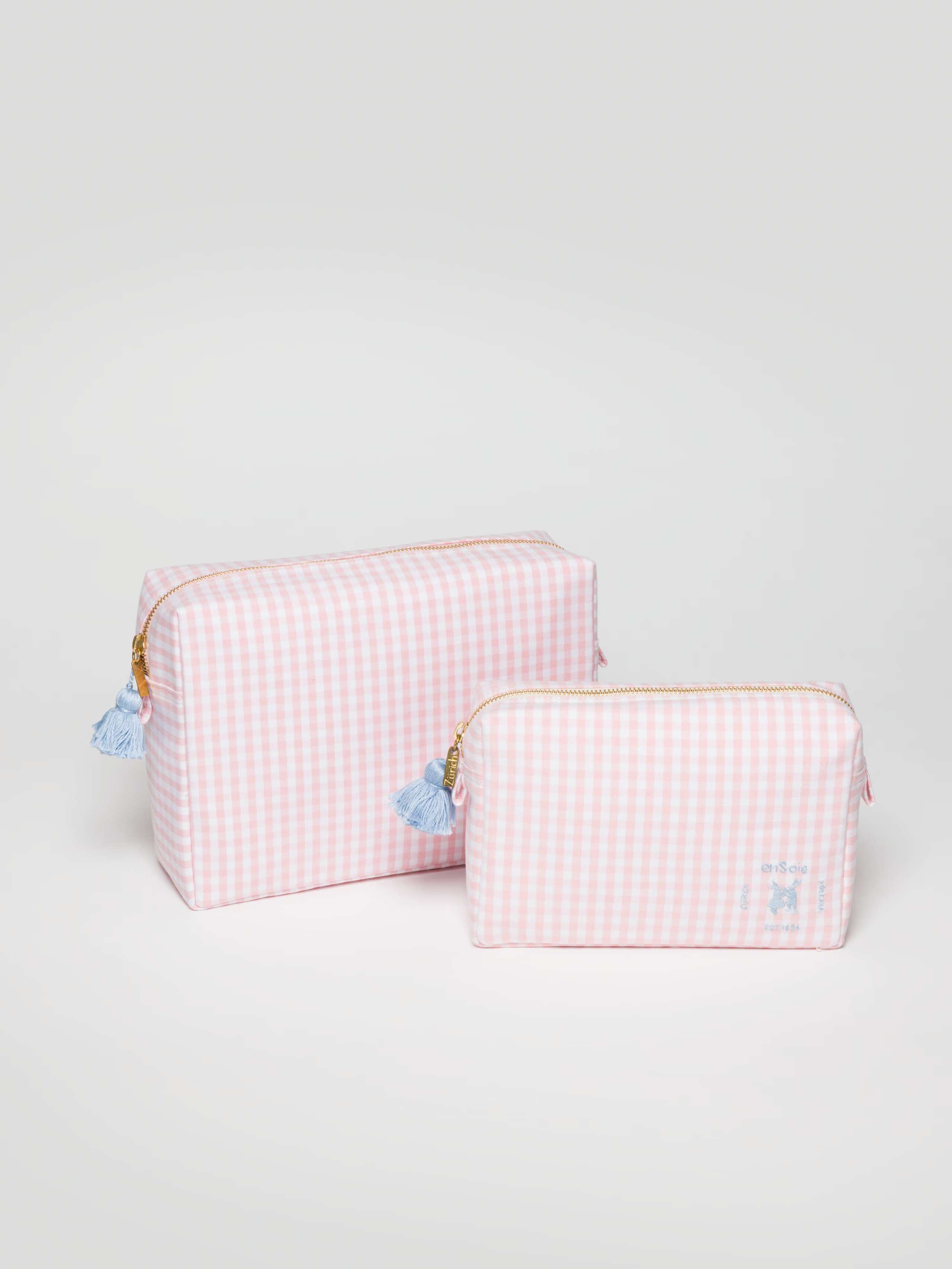 Tilda Toiletry Bag in candy pink vichy, size small and large