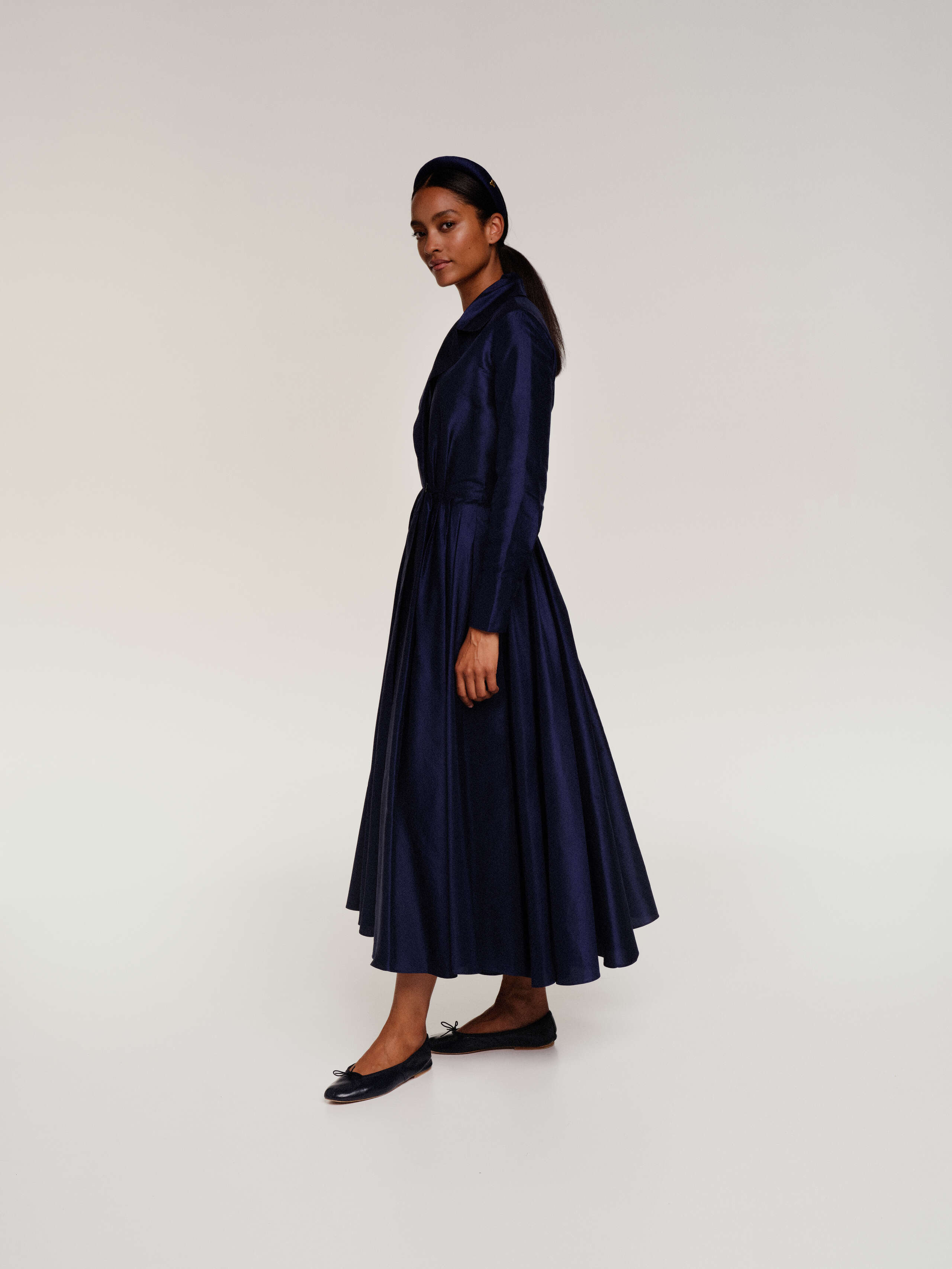 Delphine dress in silk navy with matching hairband