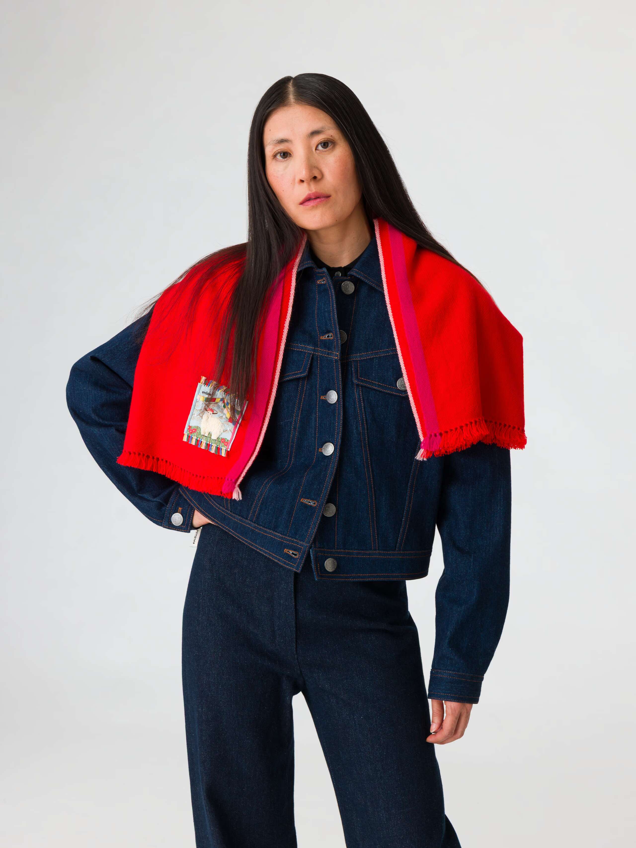 Blia Stole in Warmest Red on model