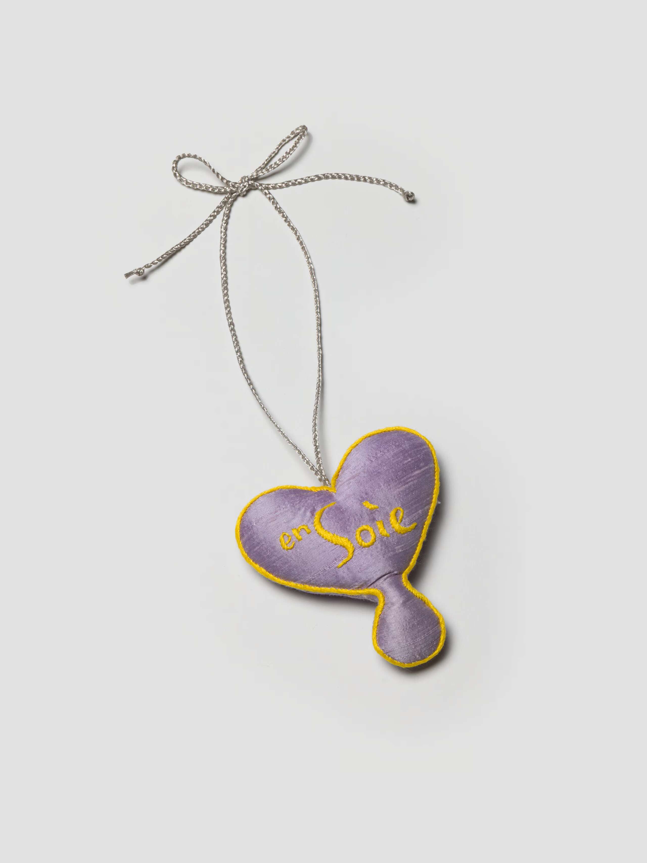 enSoie heart silk ornament in purple with yellow Logo embroidery