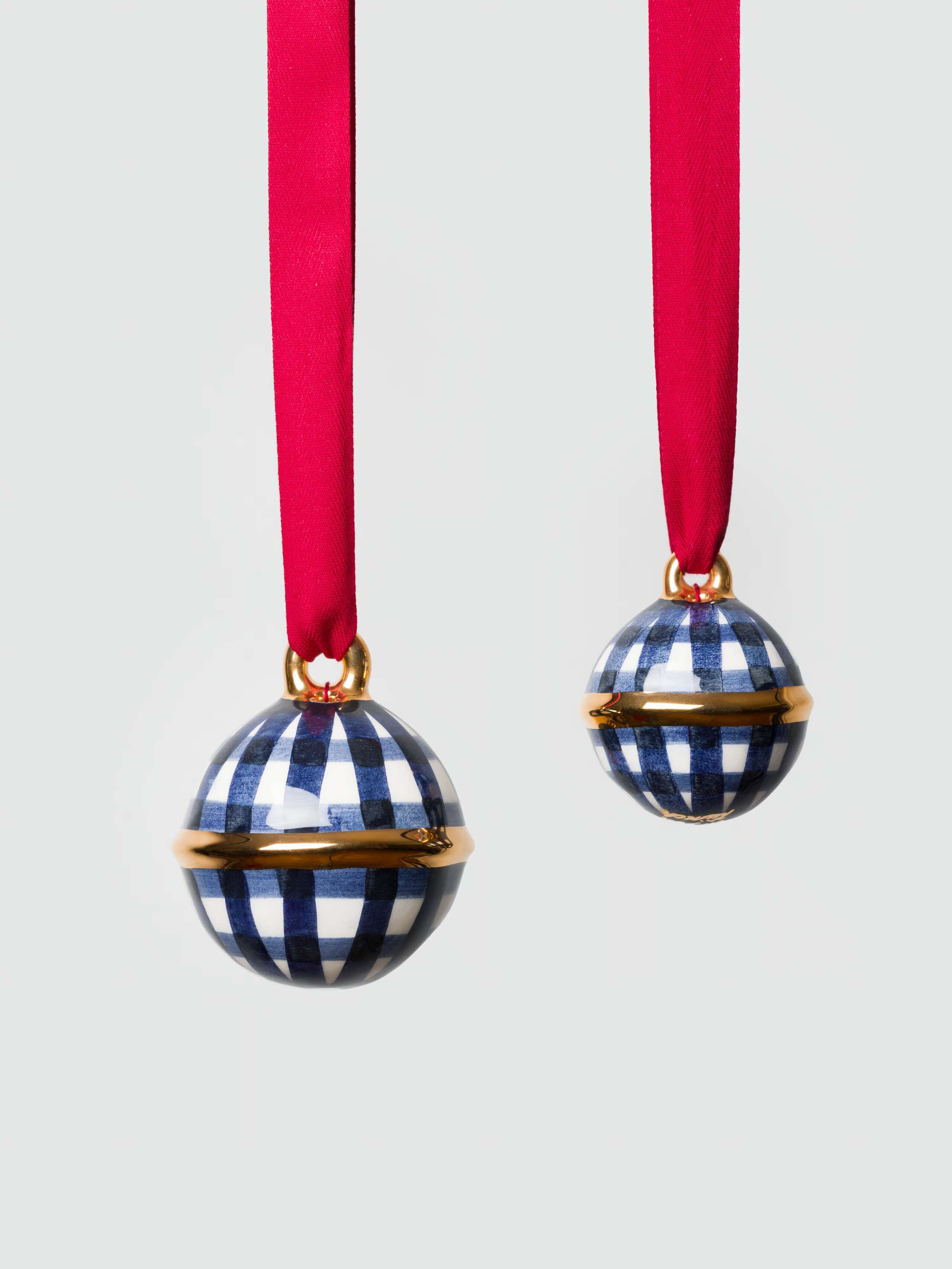 Ceramic Swissbell ornament in vichy check navy handpainted