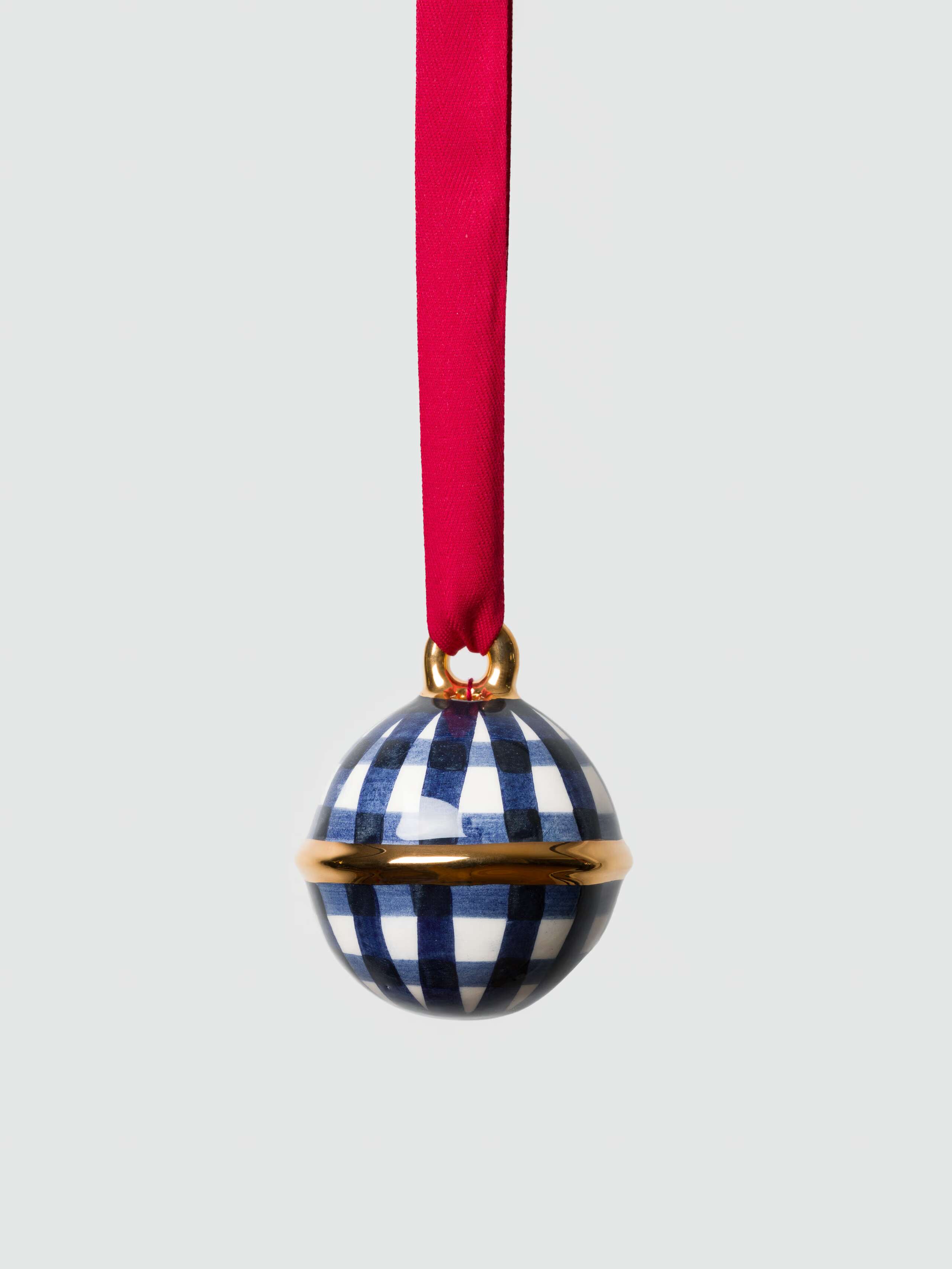 Ceramic Swissbell ornament in vichy check navy handpainted