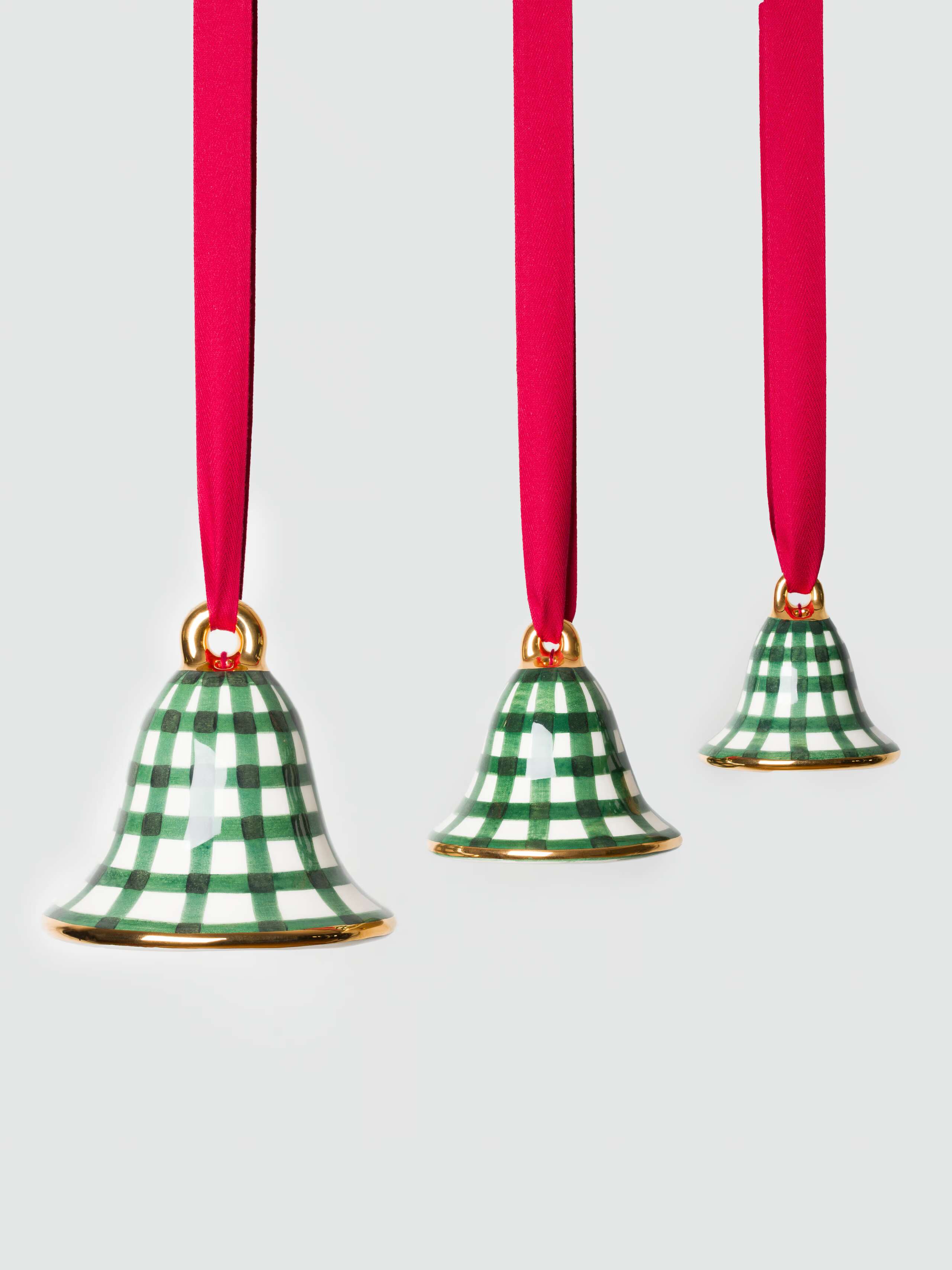 Bell ceramic ornament in linden green vichy in three sizes