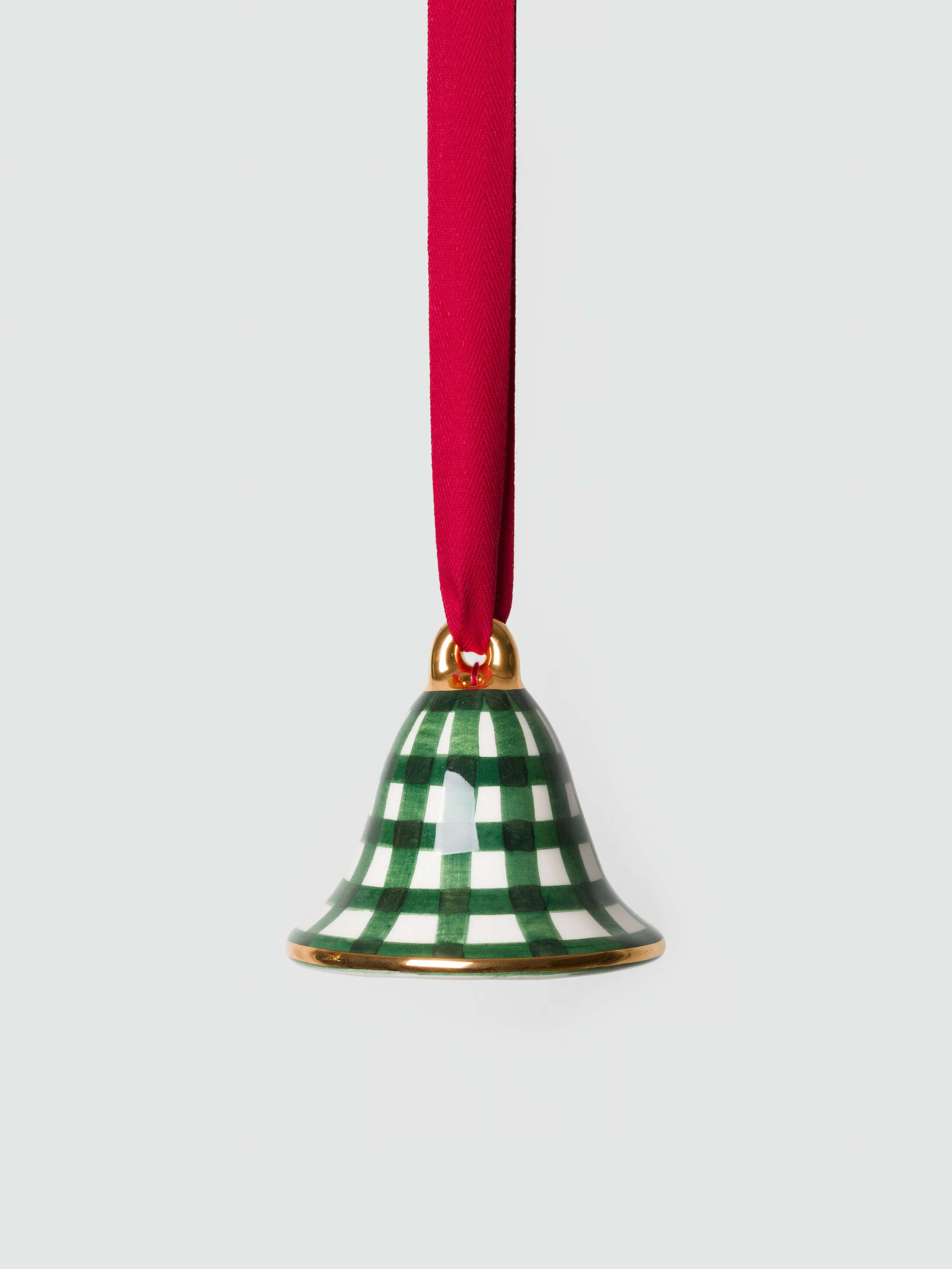 Bell ceramic ornament in linden green vichy