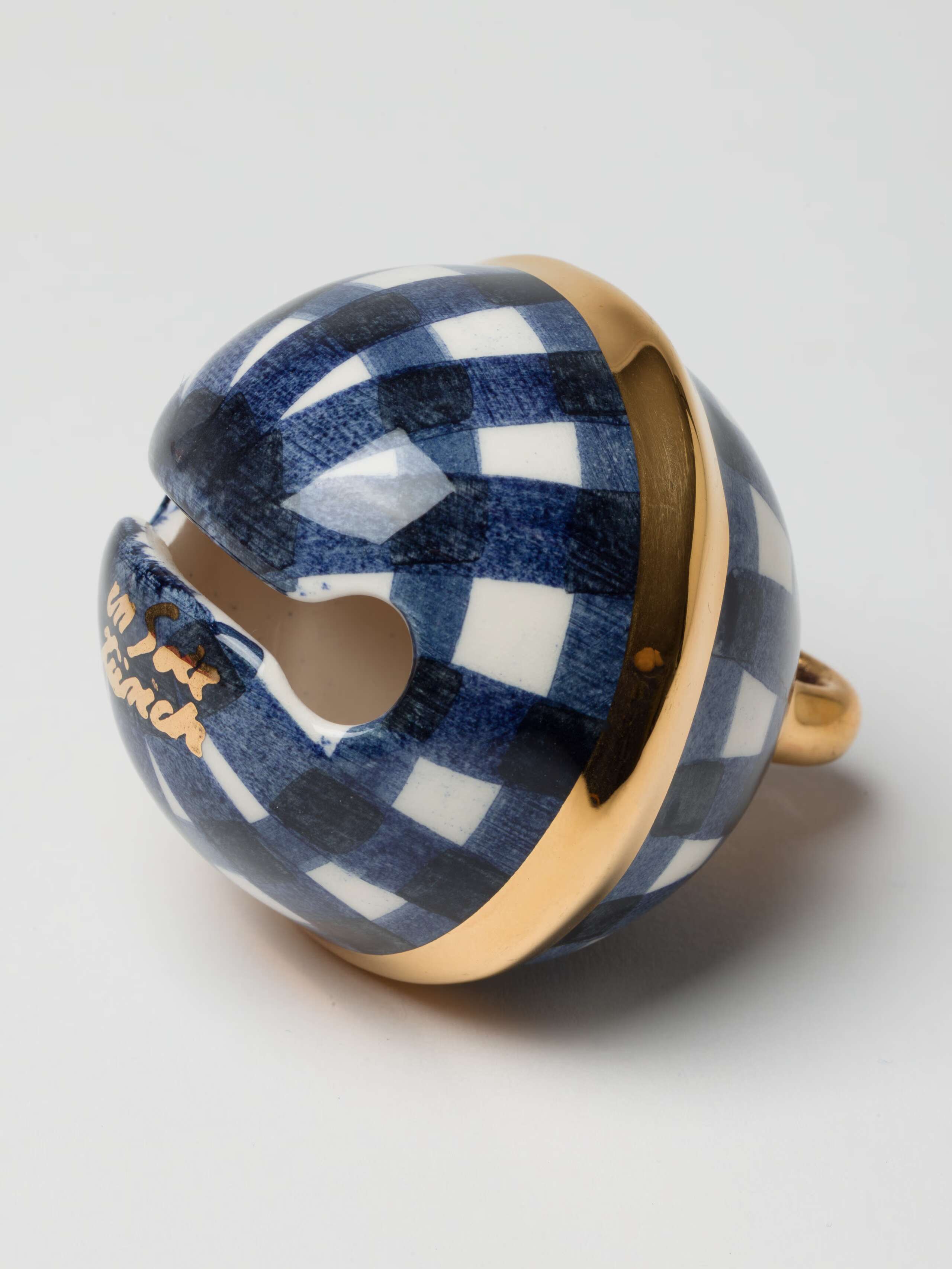 Ceramic Swissbell ornament in vichy check navy handpainted