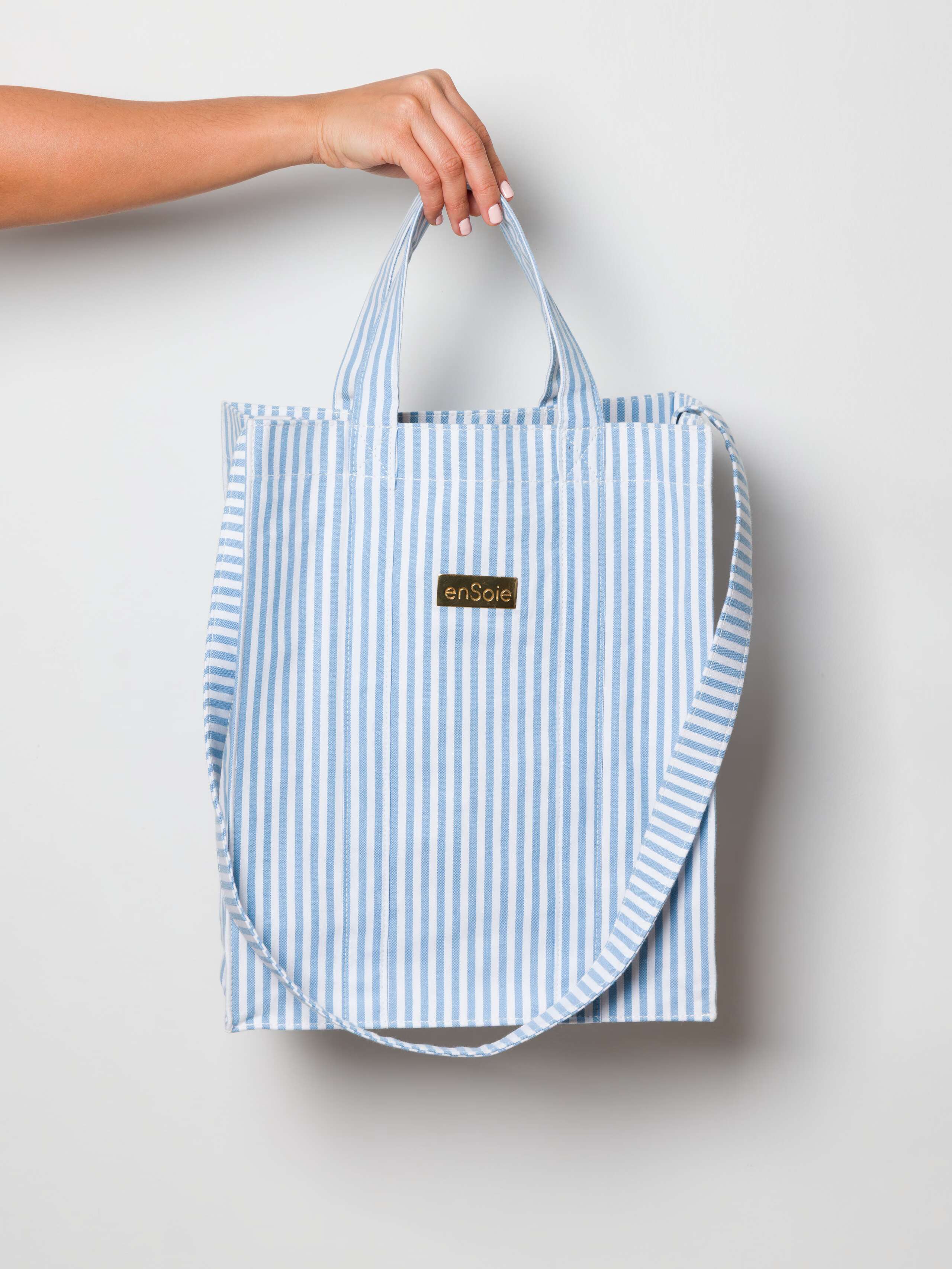 Cabas bag striped in Cerulean Blue, medium