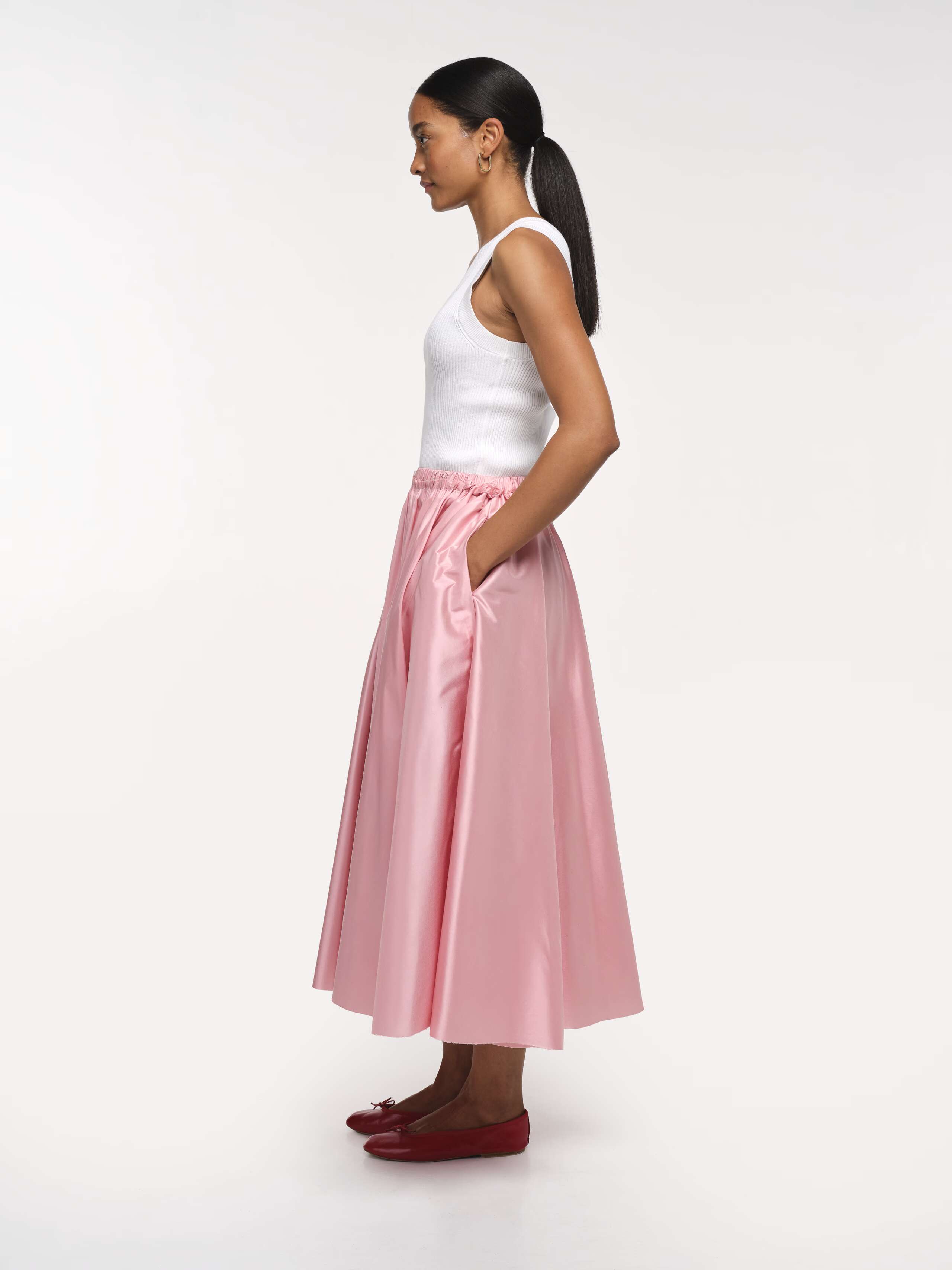 Side Shot of Model Wearing Fleur Rose Doupion Silk Long Skirt 