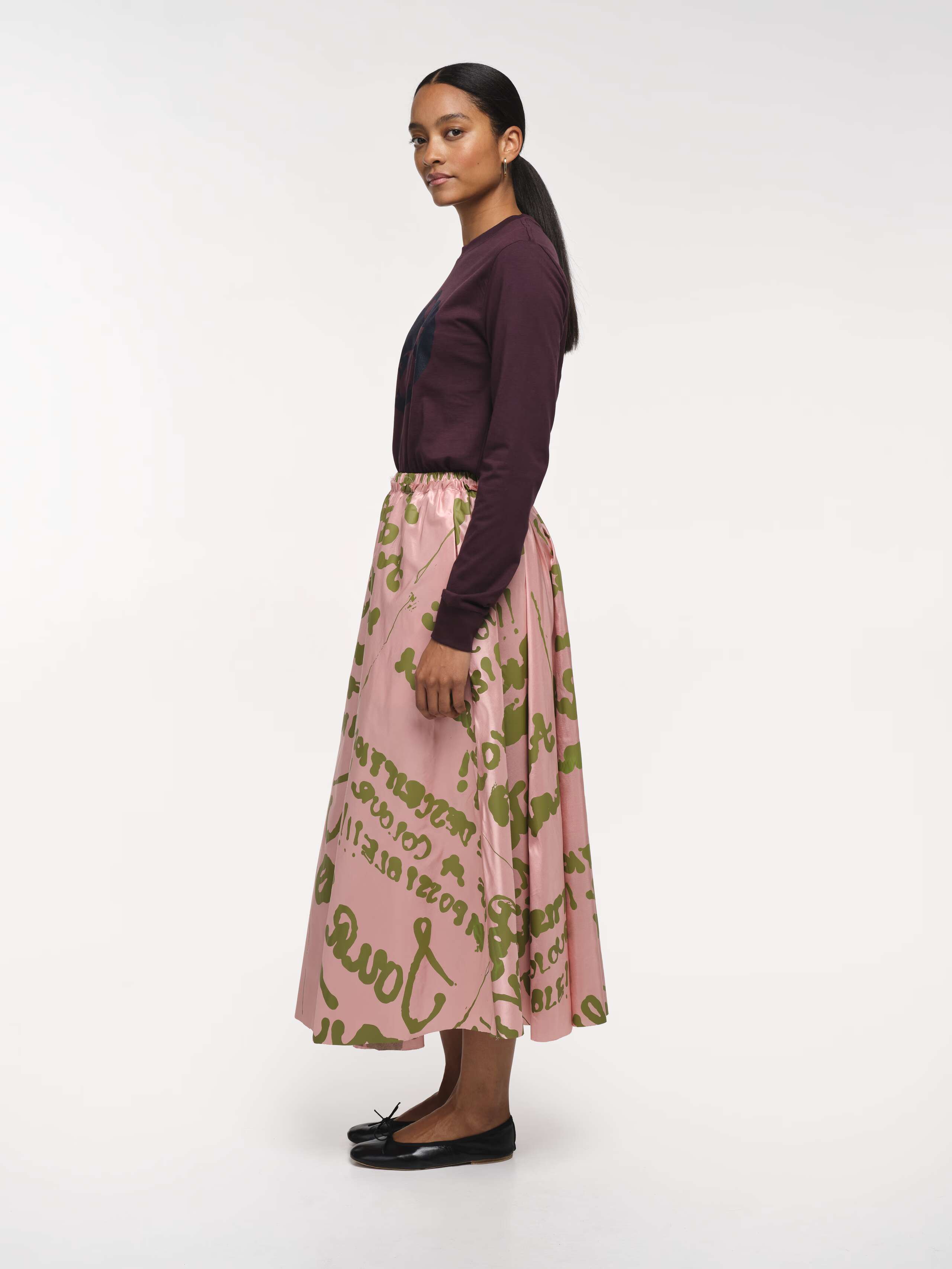 Side Shot of Model wearing Long Berta Skirt Doupion Proverb Fleur Rose