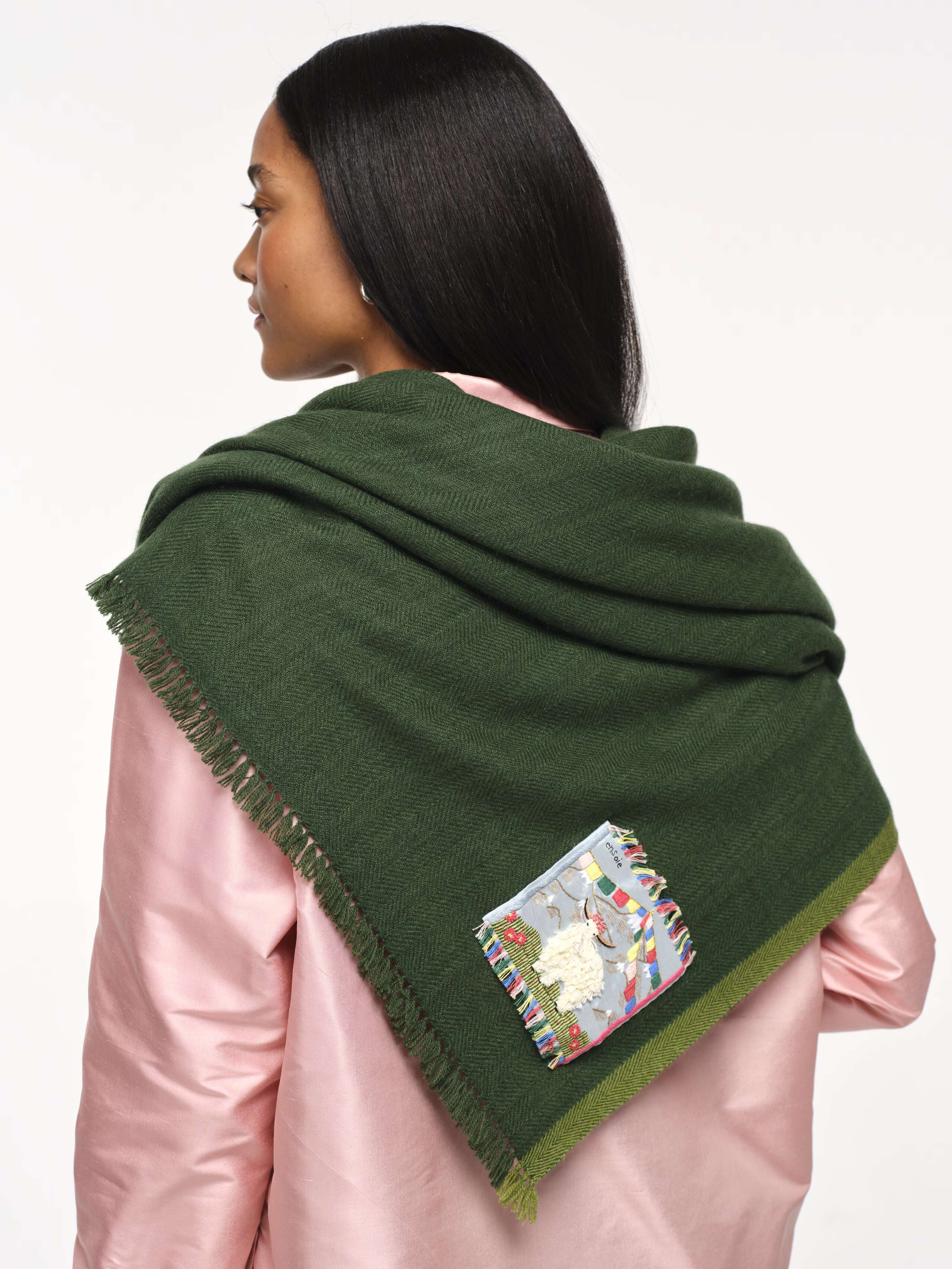 Model Wearing Blia Stole Cashmere Meadow Green 