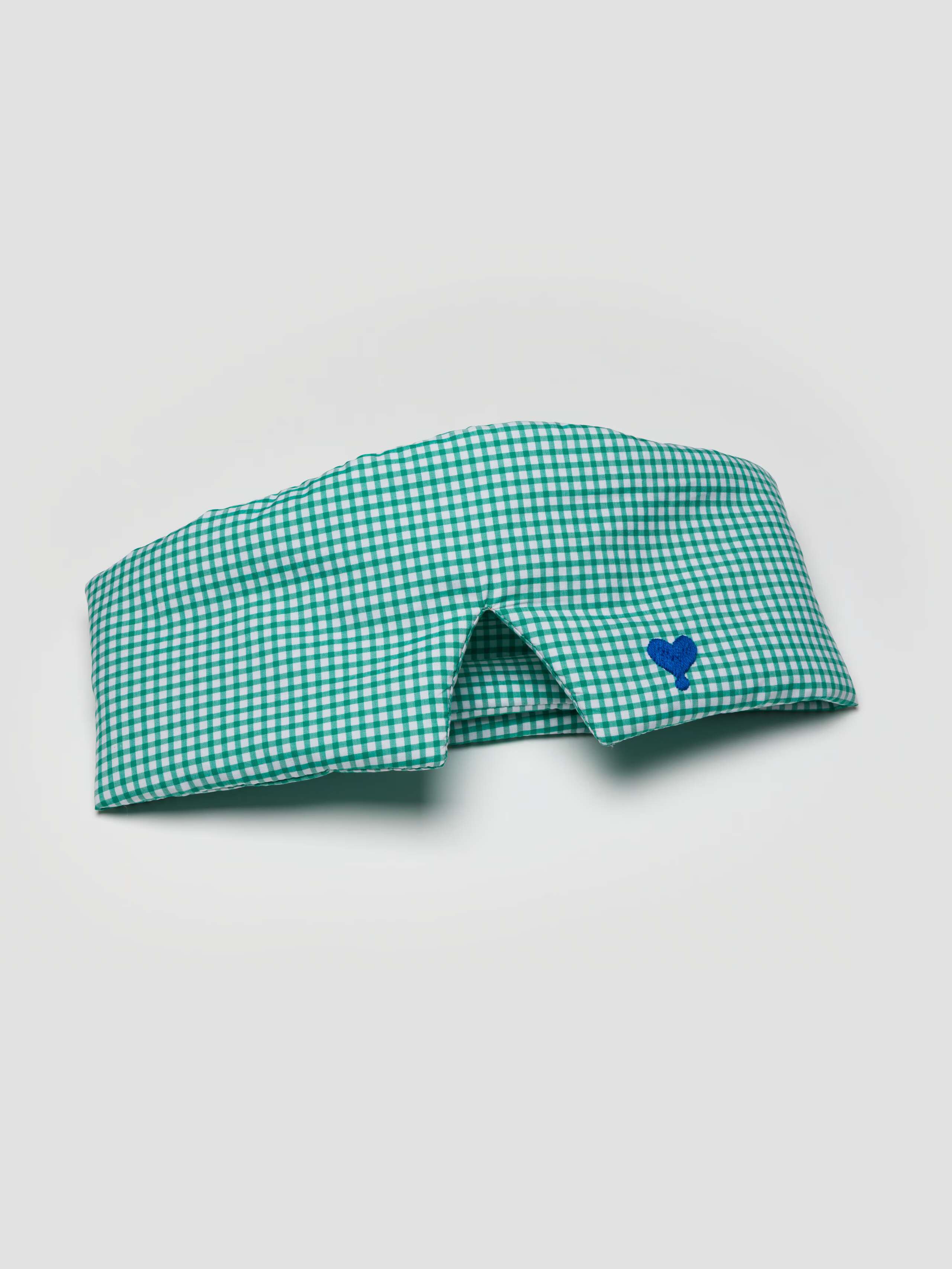 Betty sleep mask in vivid green vichy check with blue heart embroidery
