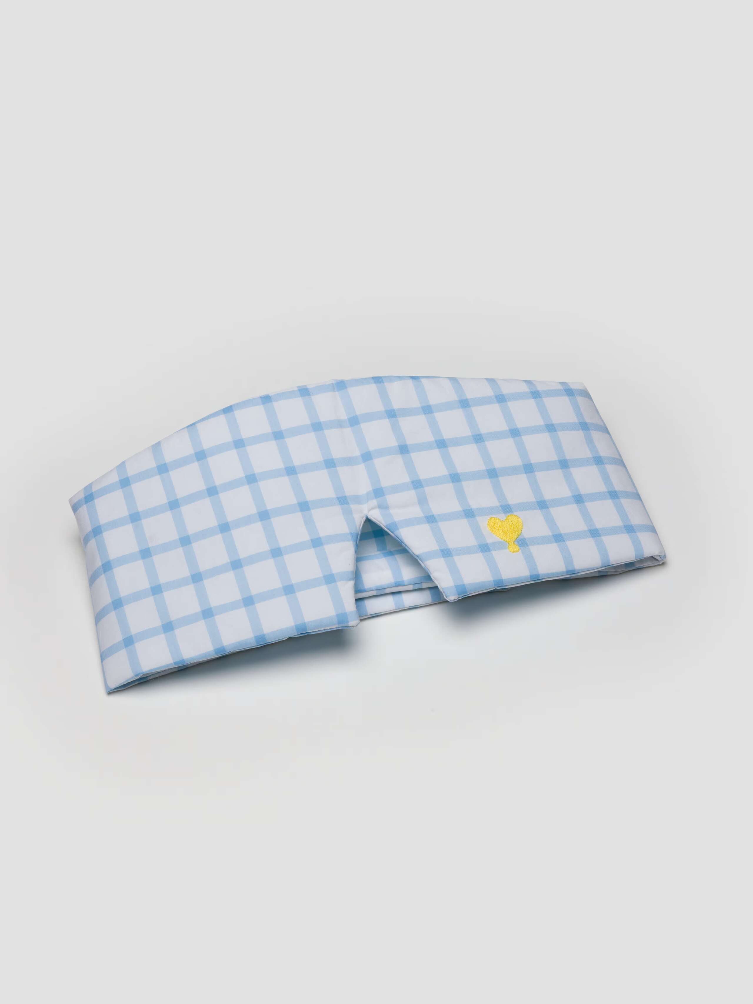 Betty sleep mask in Bright Blue check with yellow heart embroidery