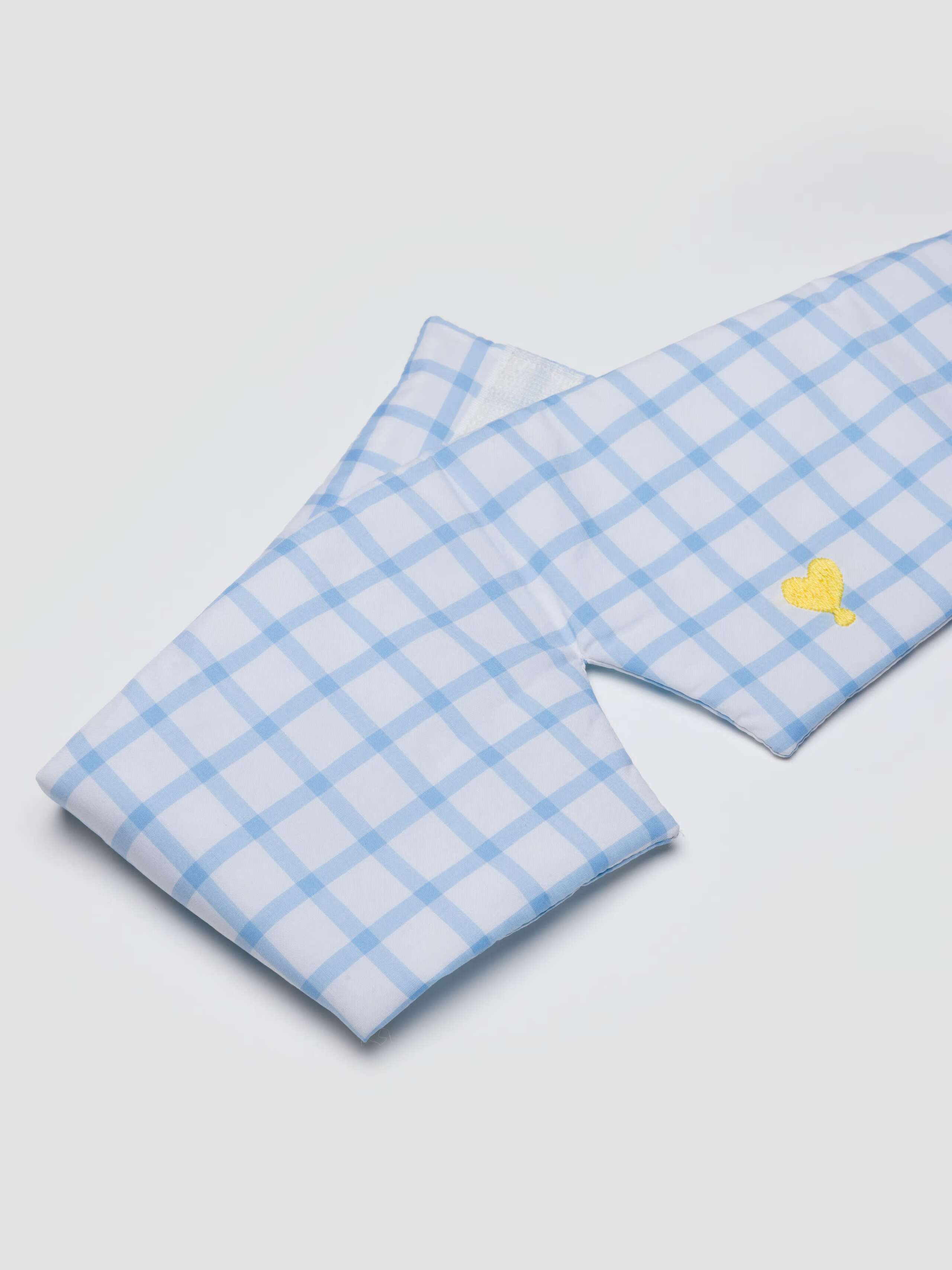 Betty sleep mask in Bright Blue check with yellow heart embroidery