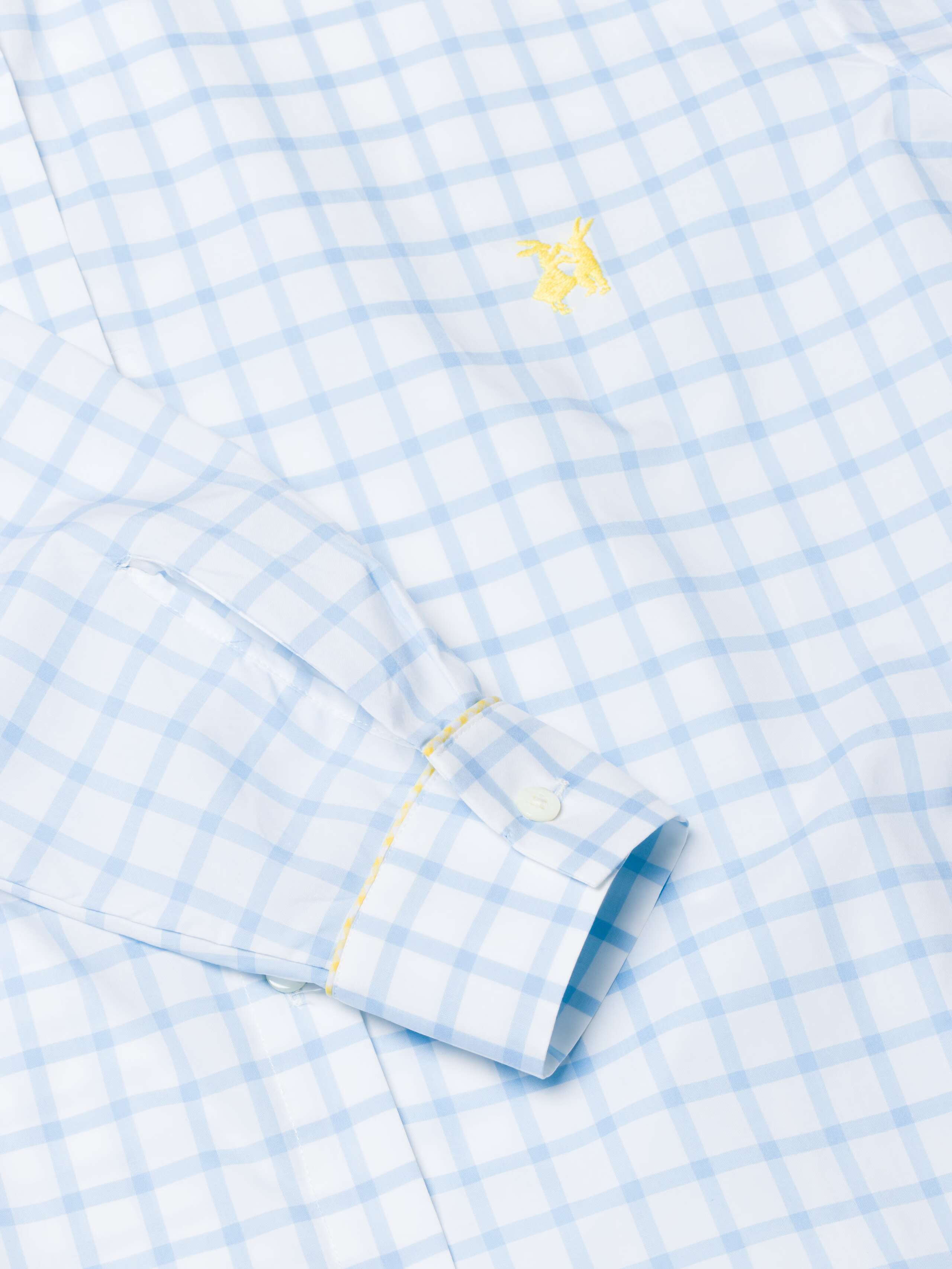 Daydream Set in Bright Blue check with yellow dancing rabbits embroidery