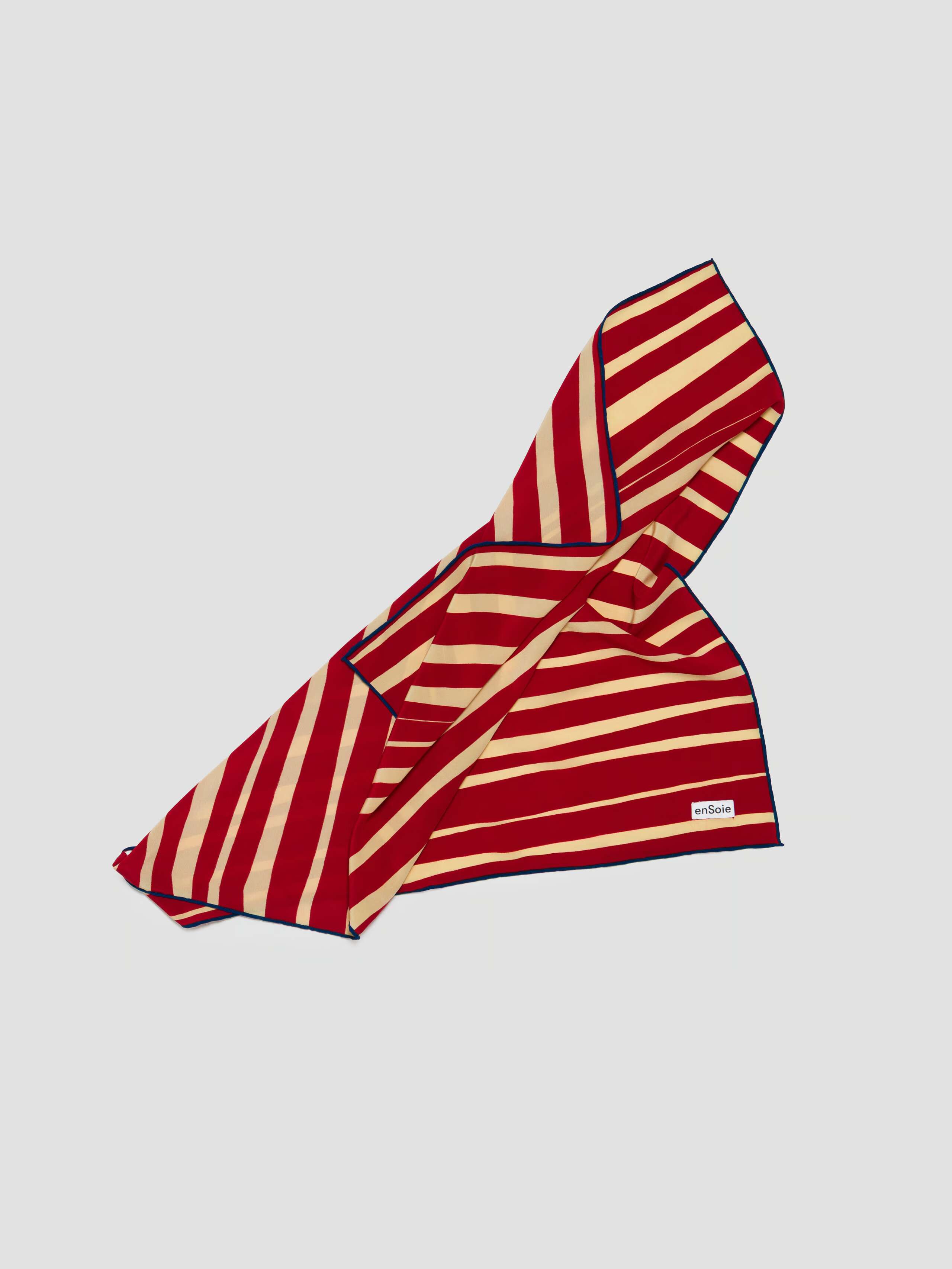 Product Shot of Stripe Print Crepe de Chine Foulard in Red-Butter scrunched up 