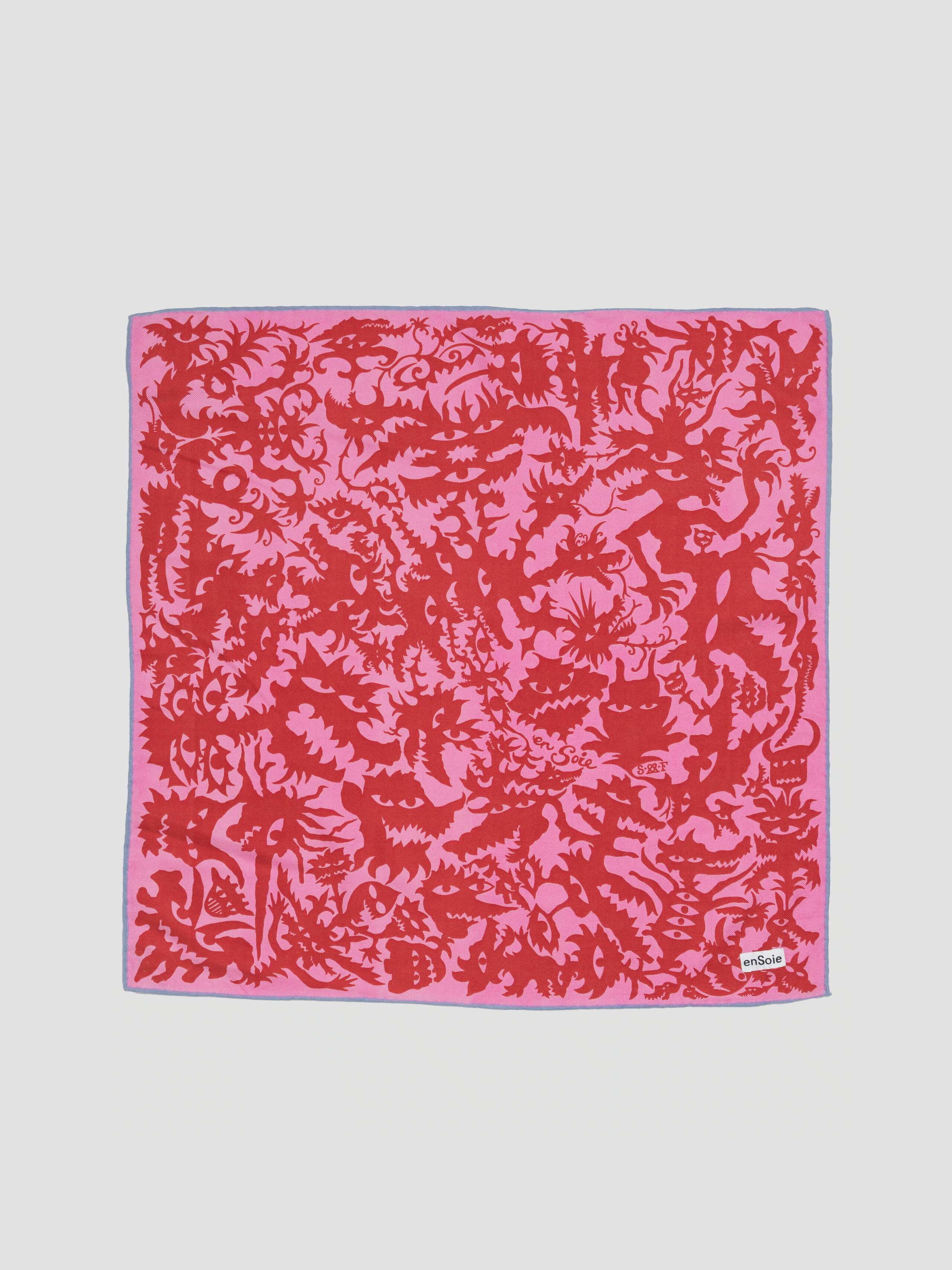Product Shot of Monster Print Wool Foulard in peach-teal