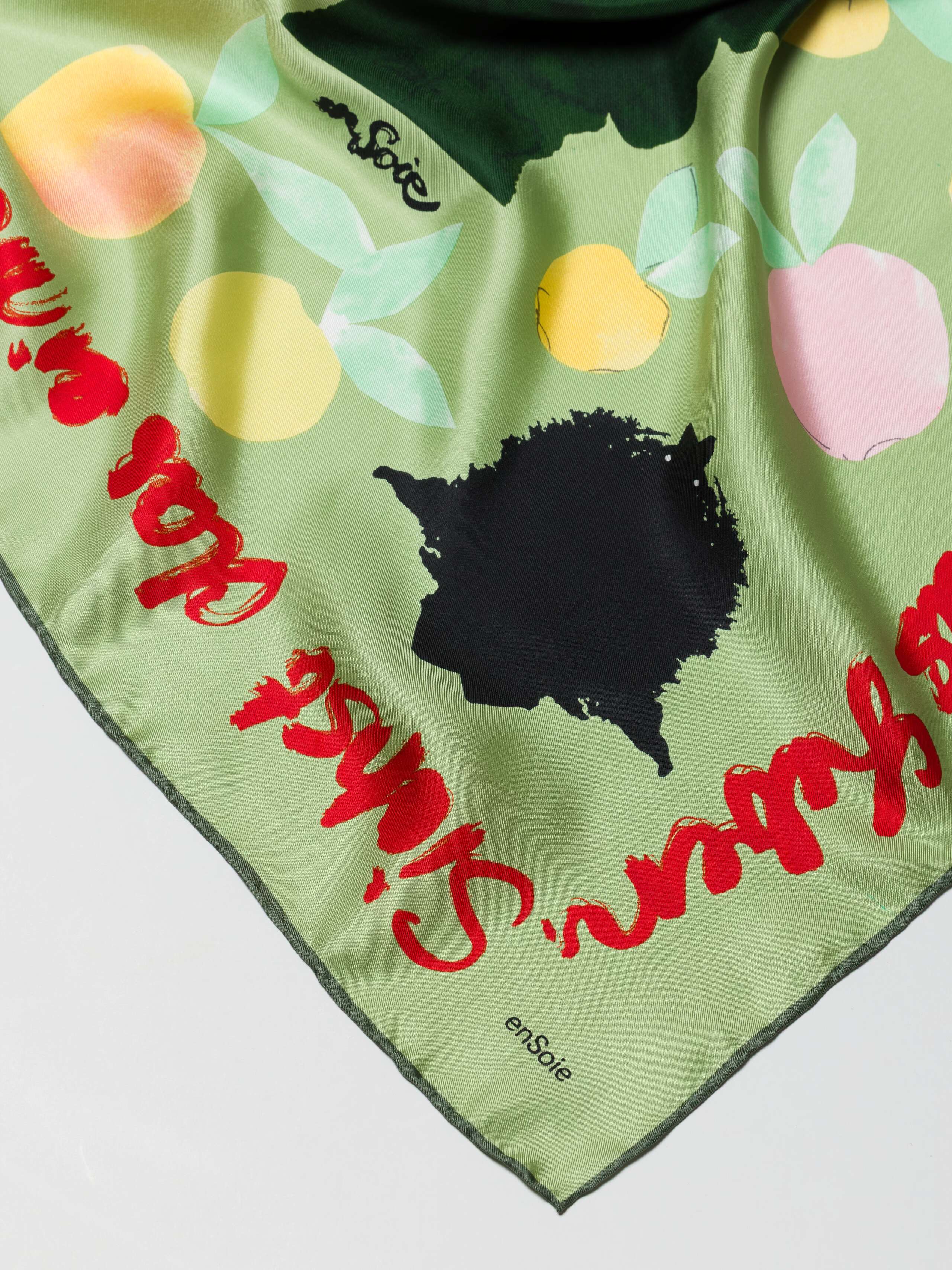Detail shot of Monsters Eat Apples Crepe de Chine Foulard in Grey-Brown